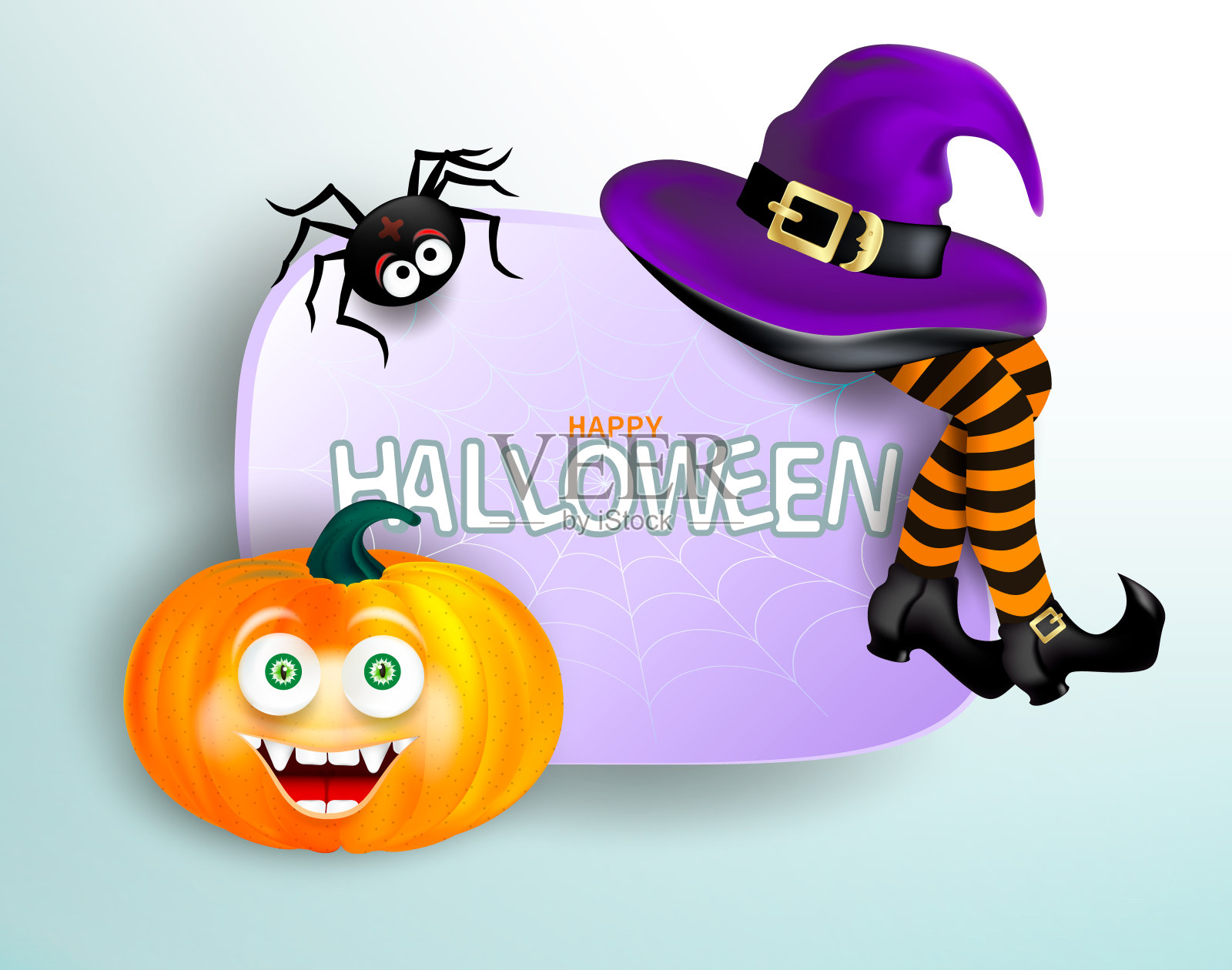 万圣节节日有趣的礼物贺卡或横幅上有微笑的南瓜脸，女巫的条纹腿戴着紫色的帽子，蜘蛛，蜘蛛网。可编辑的矢量图。插画图片素材