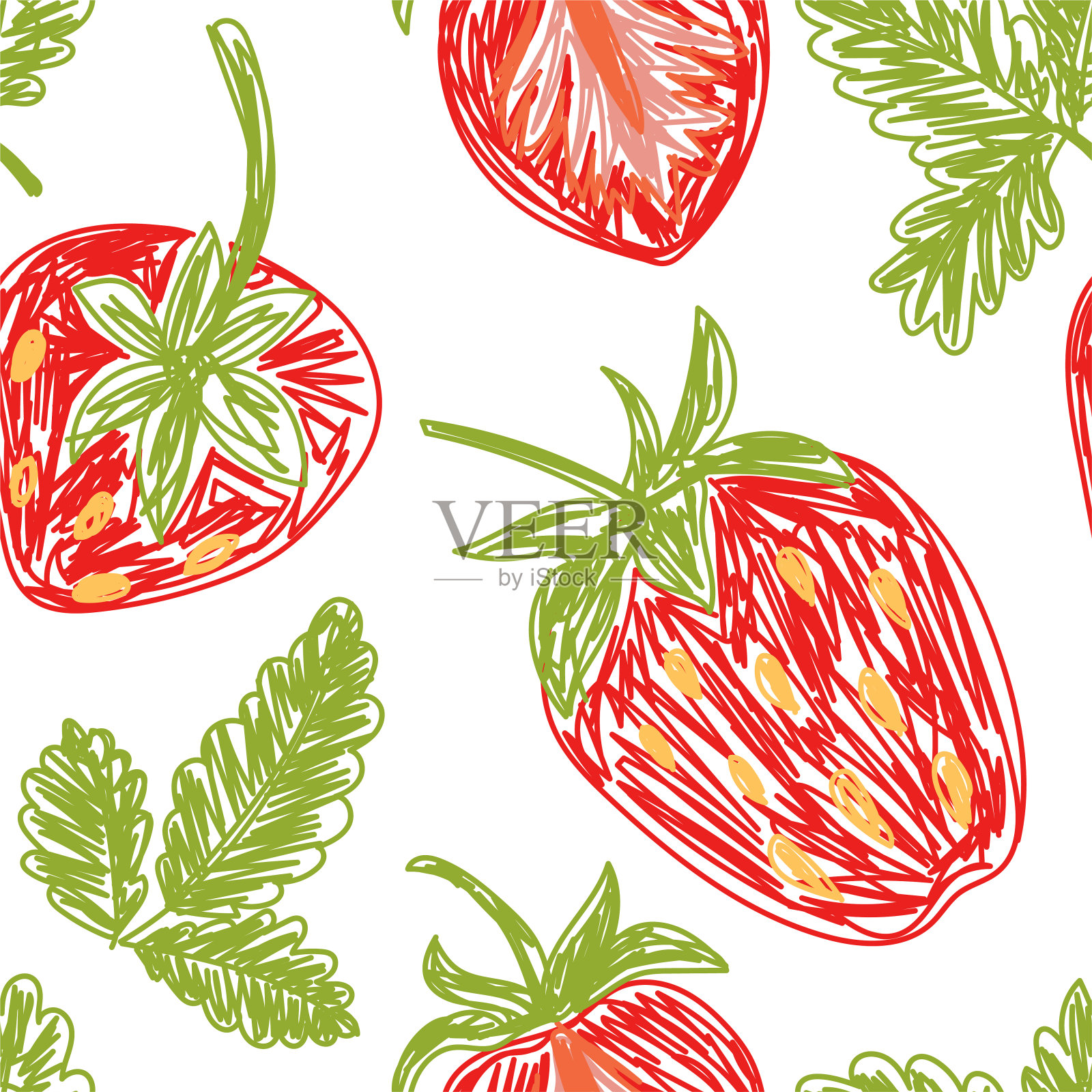 草莓水果草图无缝图案。颜色向量插图。用钢笔或记号笔涂鸦插画图片素材
