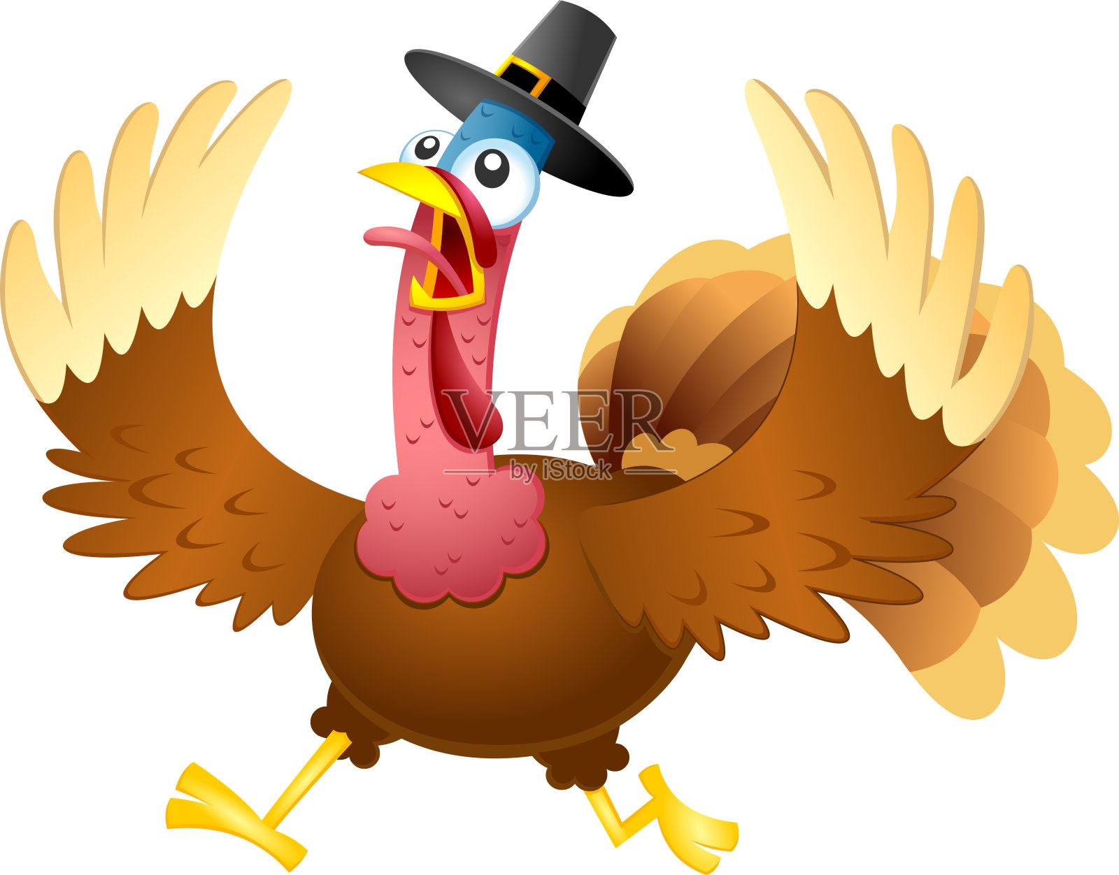 受惊的火鸡卡通人物带着朝圣者的帽子奔跑插画图片素材