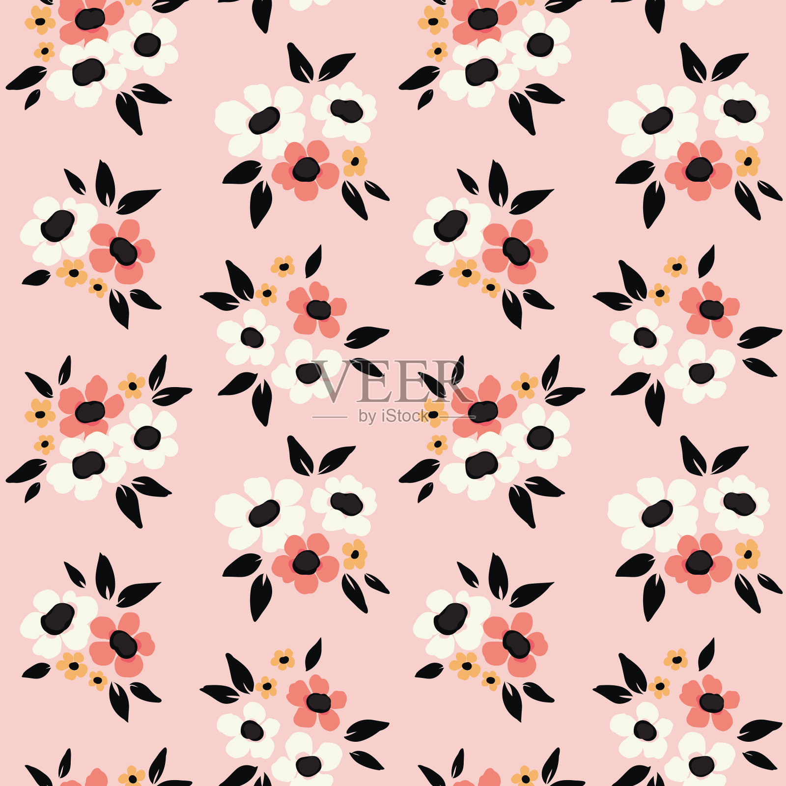 无缝的图案，可爱的花卉图案与可爱的装饰艺术花束在粉红色的背景。向量。插画图片素材