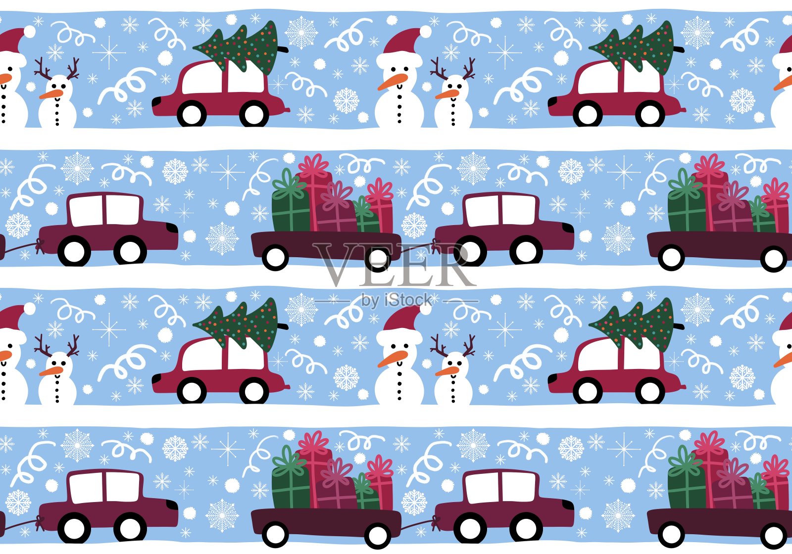 冬季印花与雪人和雪花插画图片素材