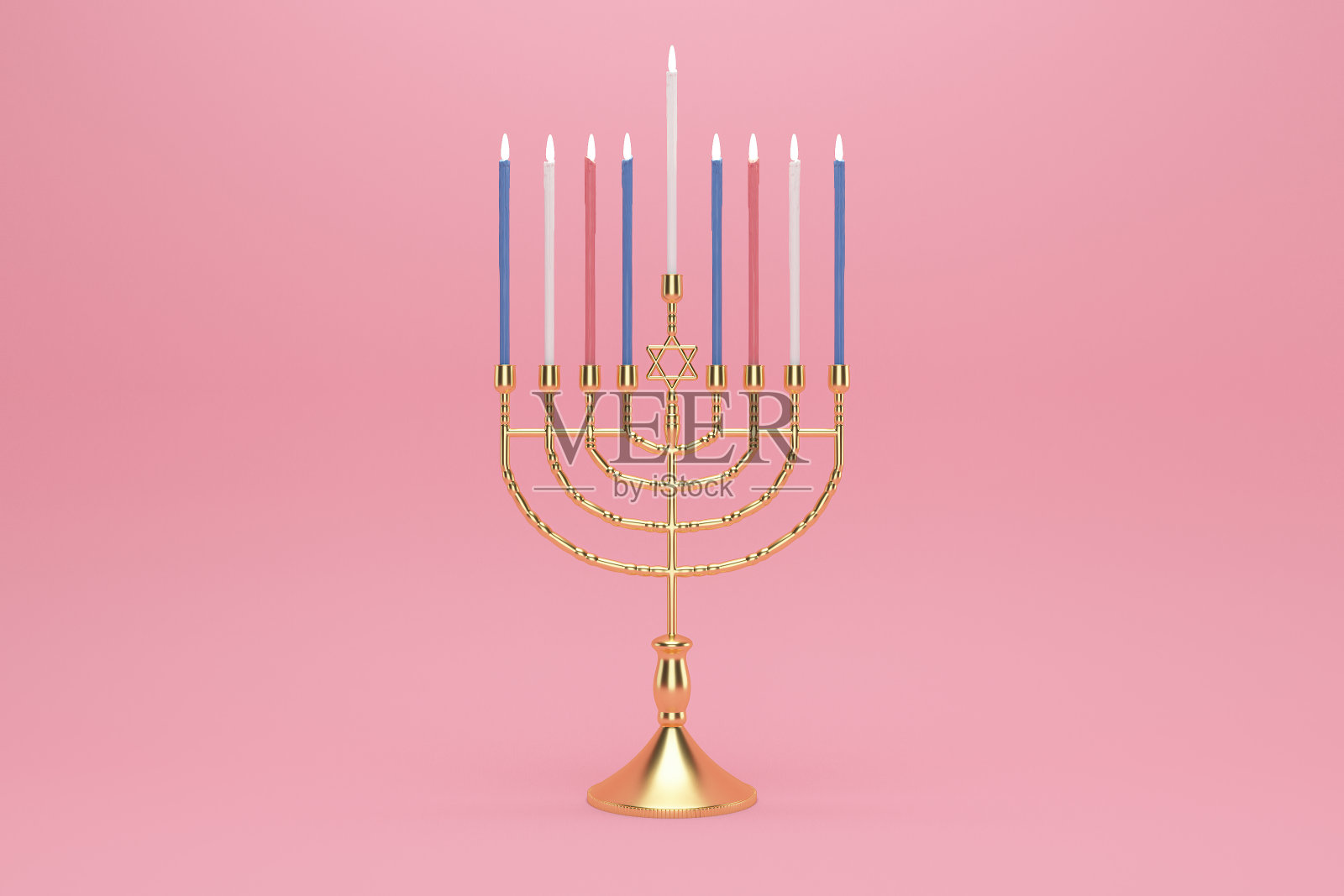 3d渲染图像的犹太节日光明节与烛台或传统的烛台在粉红色的背景。照片摄影图片