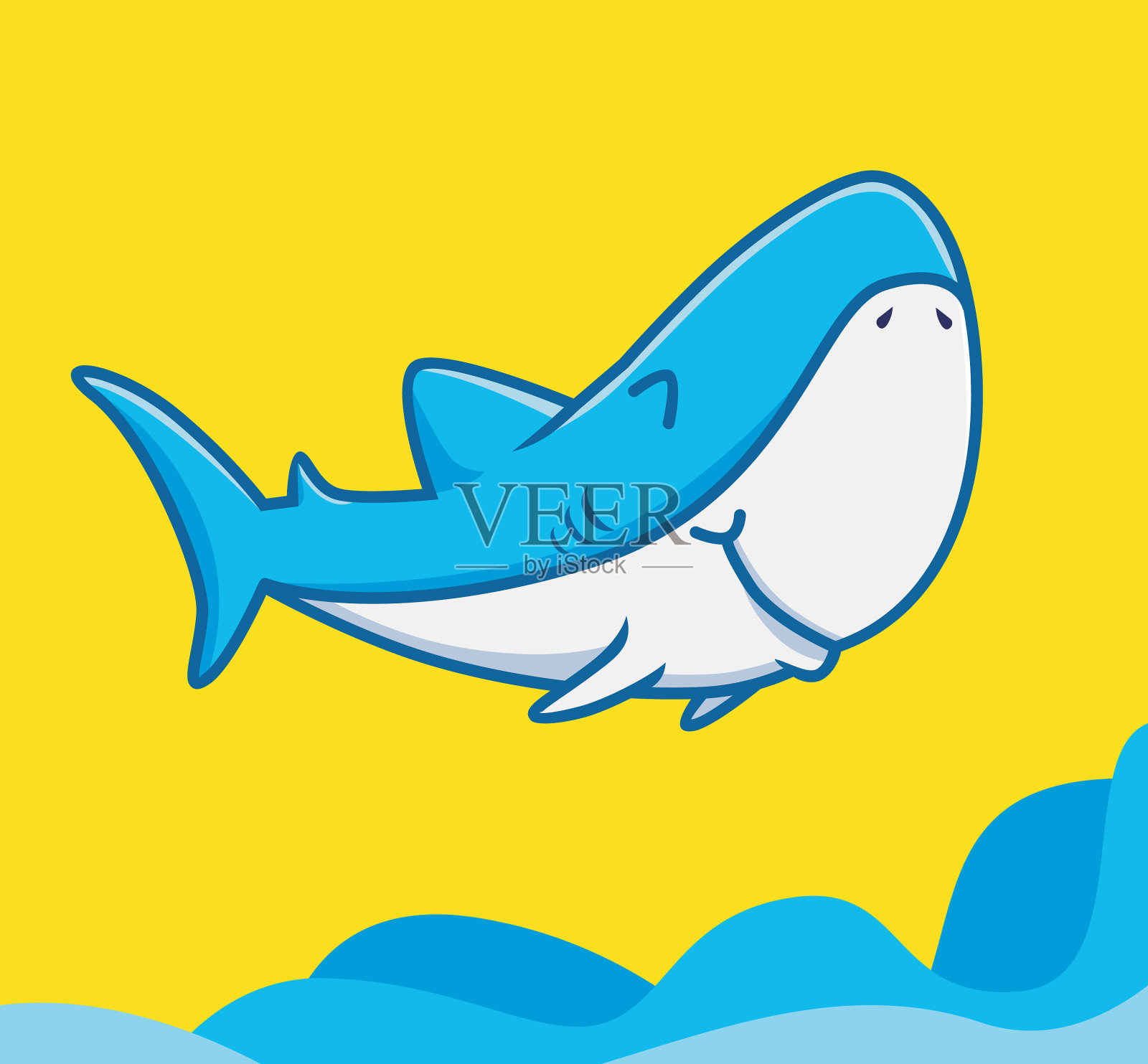 可爱的卡通鲨鱼在海面上飞翔，享受快乐插画图片素材