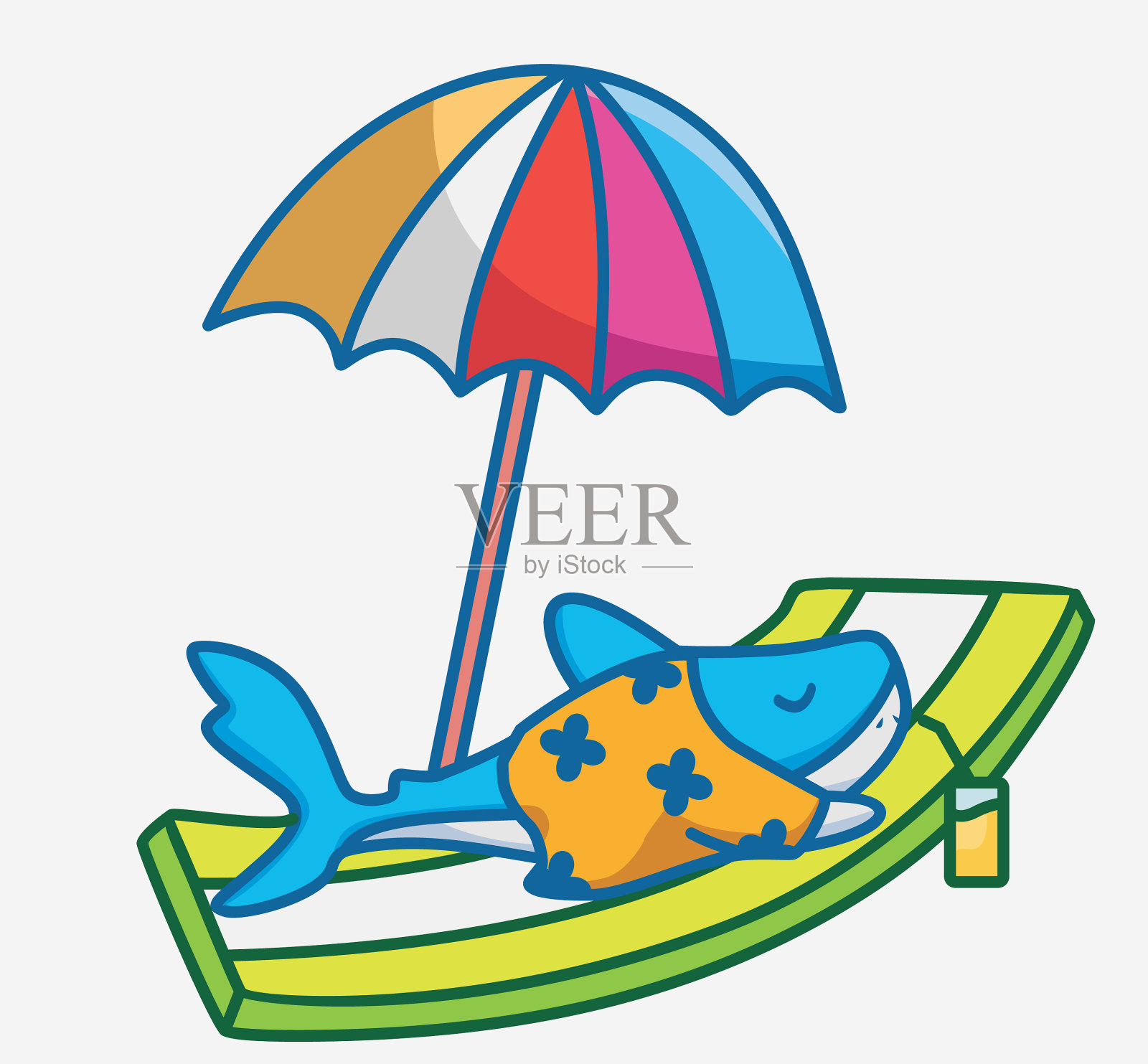 可爱的鲨鱼晒在五颜六色的伞下插画图片素材
