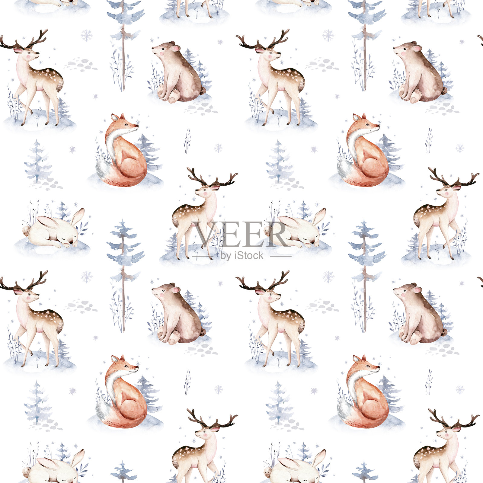 水彩冬季图案鹿与小鹿，猫头鹰兔子，熊鸟在白色的背景。野生森林狐狸和松鼠动物集合。手绘冬季插画插画图片素材