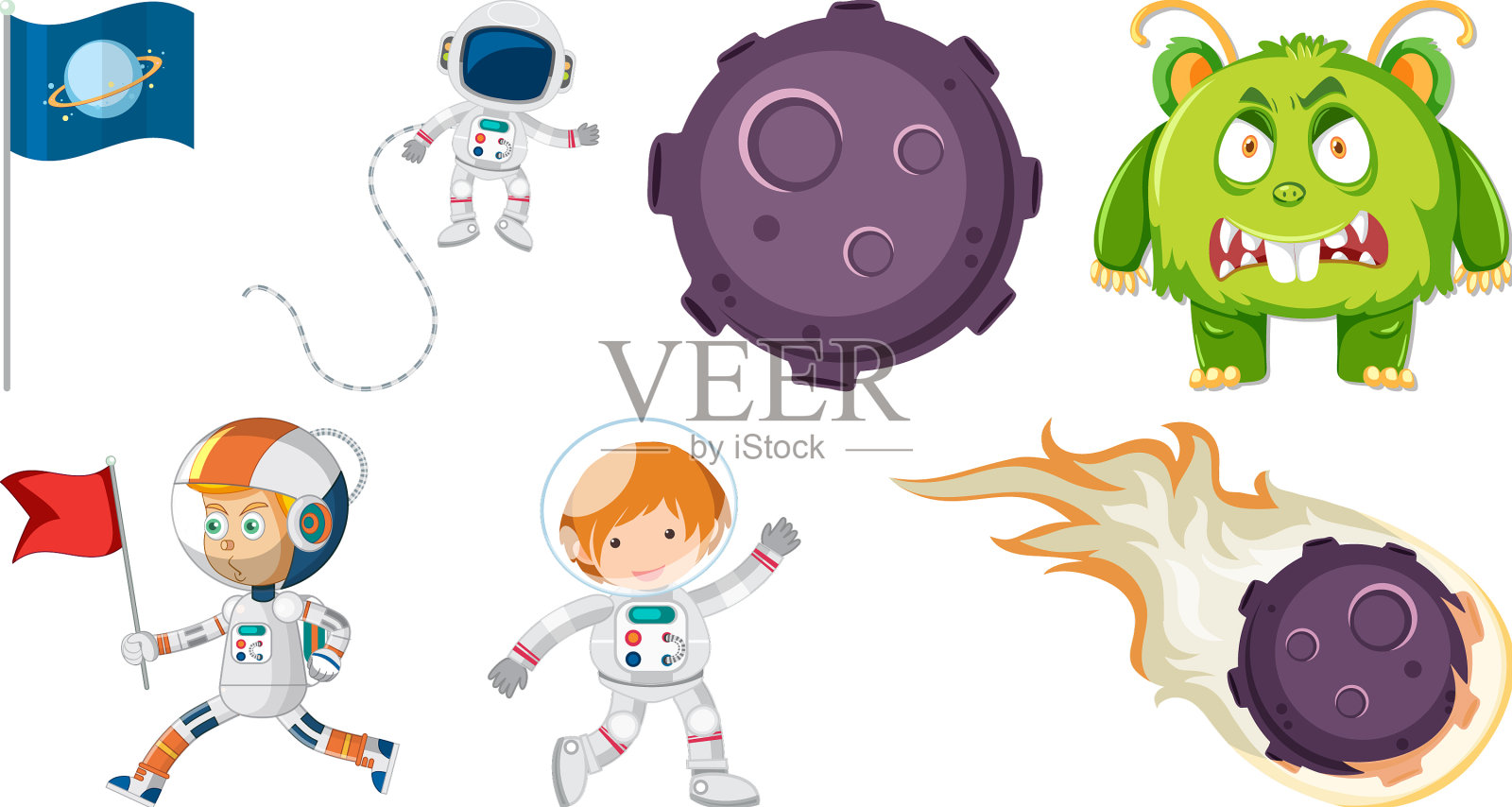 一套太空卡通人物和物体设计元素图片