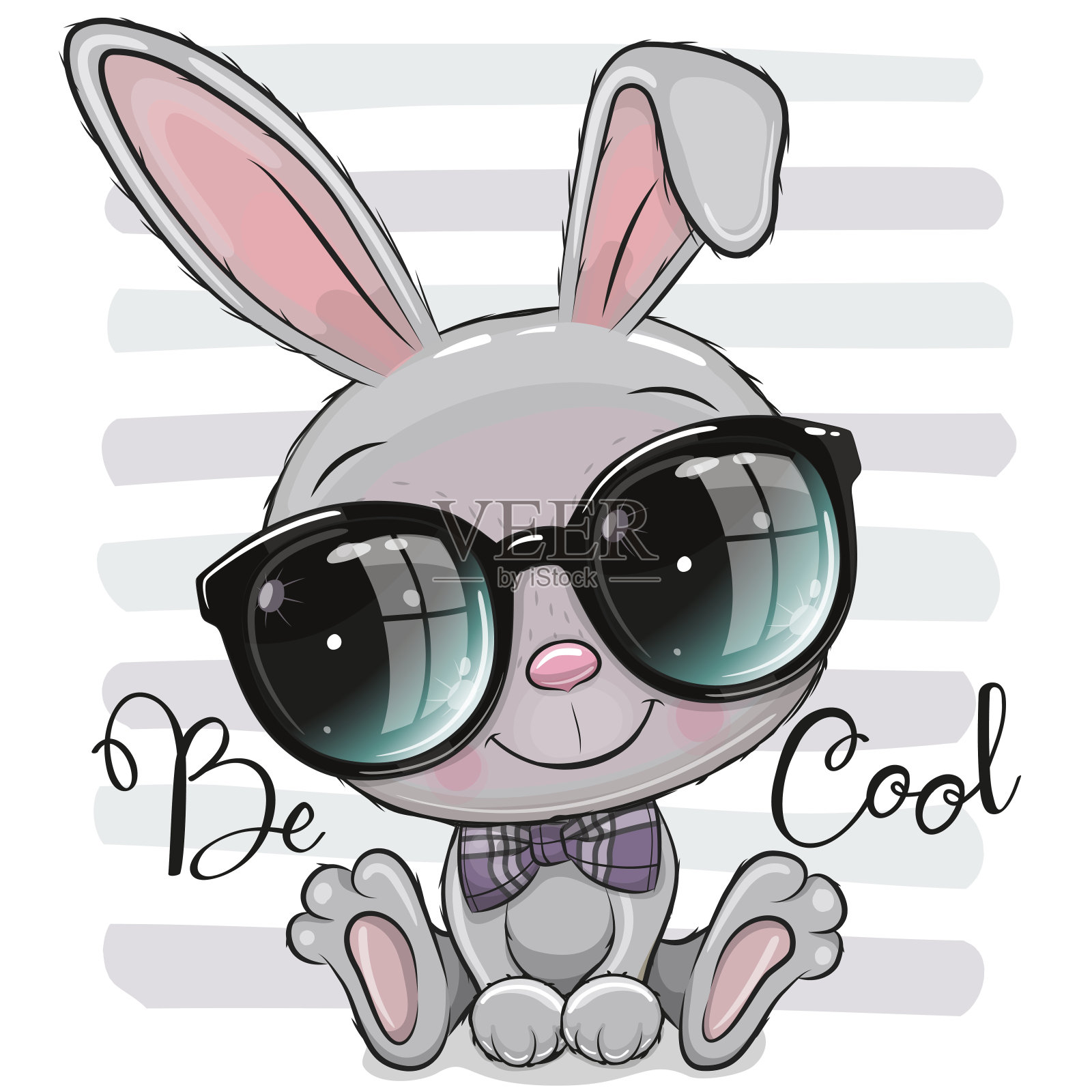 条纹背景上戴太阳镜的兔子插画图片素材