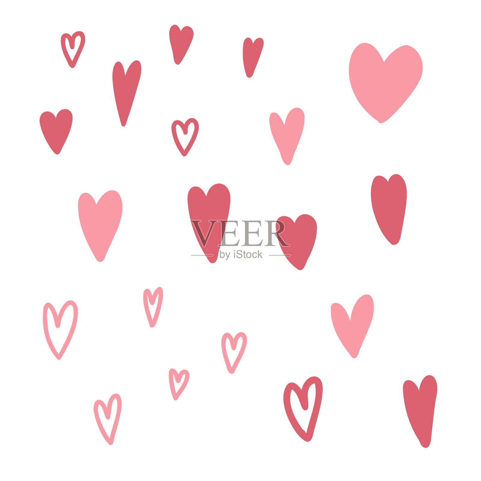 手绘爱心，涂鸦红色和粉色爱心集合。矢量插图的印刷品，包装纸，织物，卡片，海报，贴纸，横幅插画图片素材
