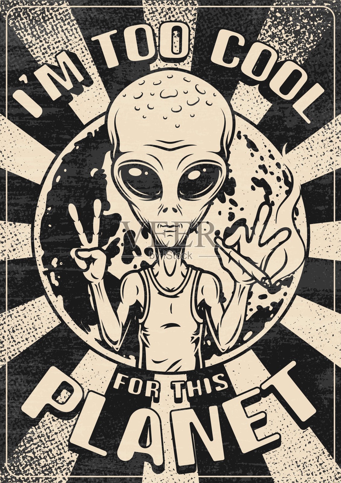 太空火星人的老式单色海报插画图片素材