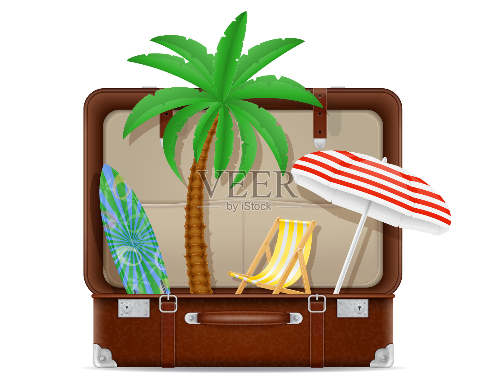 手提箱和项目的海滩度假的概念插画图片素材