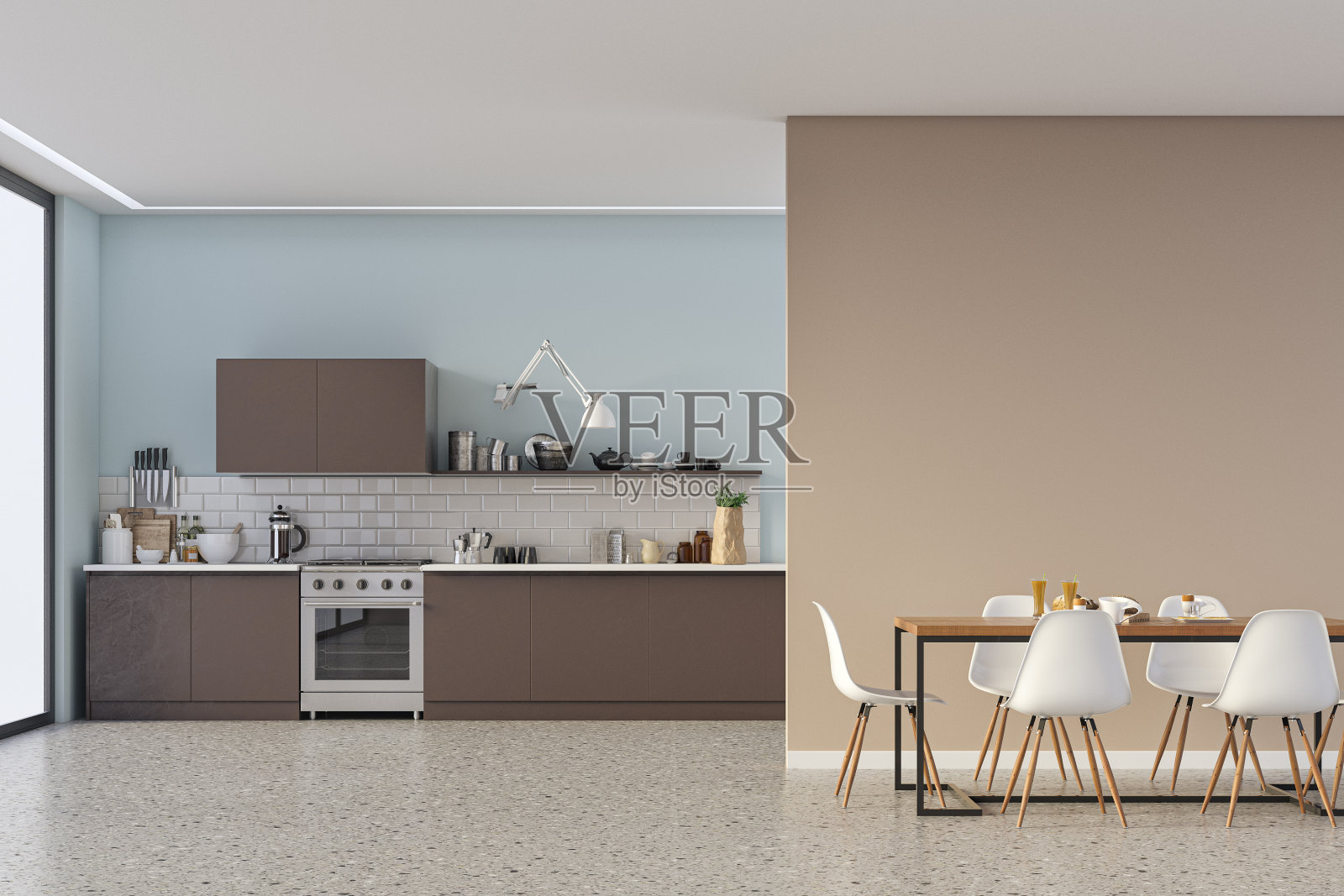 现代厨房和餐厅70年代的复古风格的水磨石地板照片摄影图片