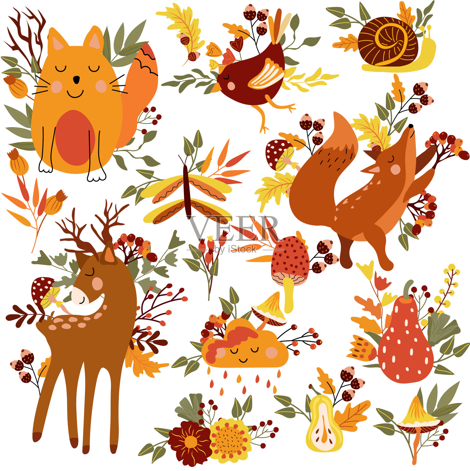 可爱的森林动物和狡猾的秋天元素设计元素图片
