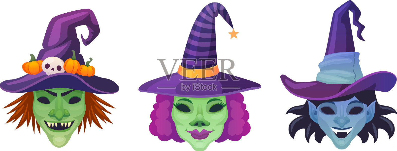 女巫们在万圣节戴上吓人的女巫面具插画图片素材