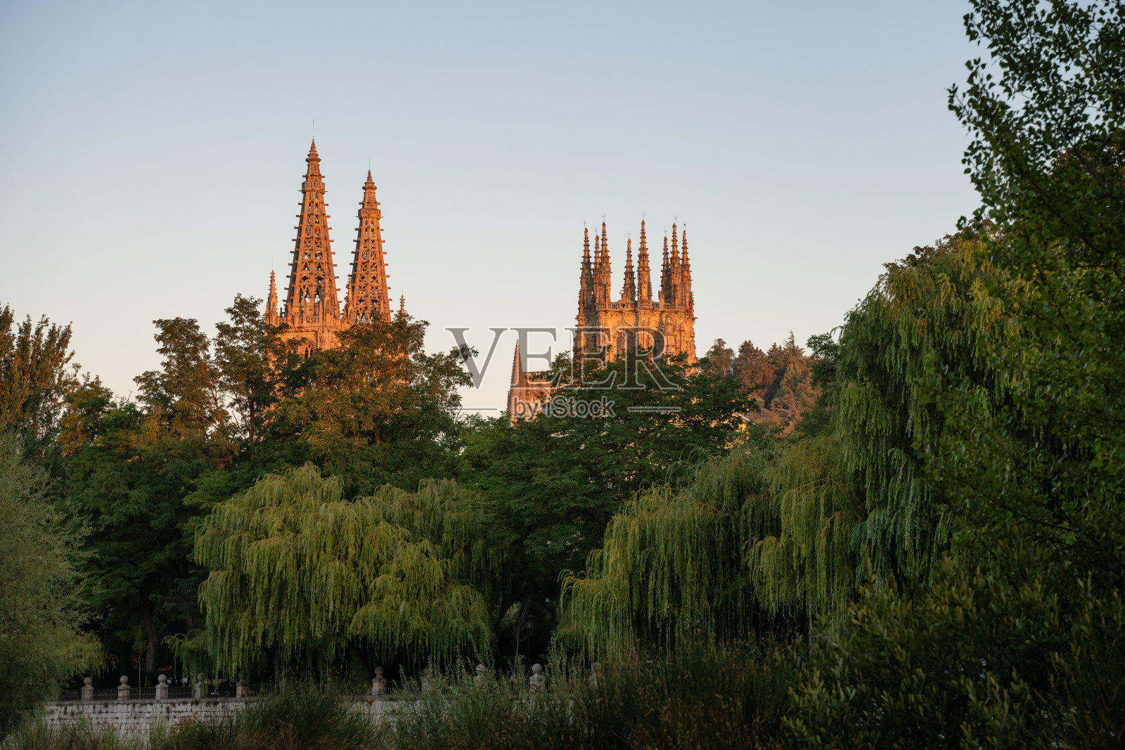 西班牙卡斯蒂利亚利昂的布尔戈斯大教堂——黄金时间。照片摄影图片