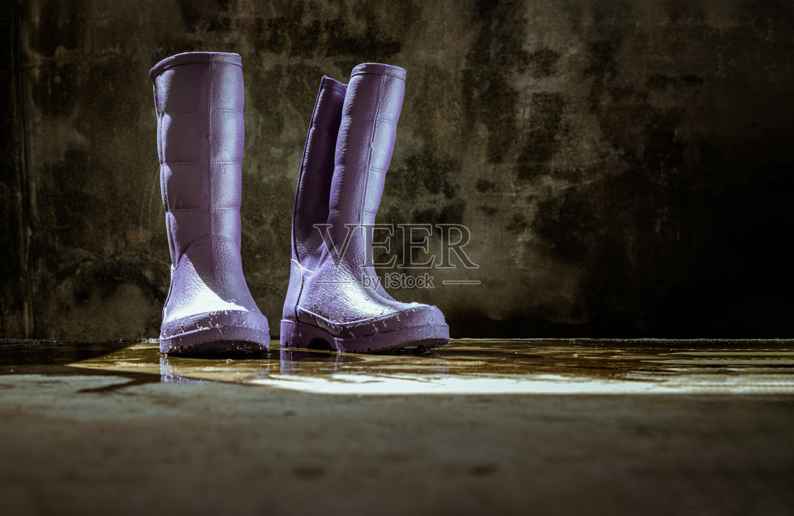 一双紫色橡胶雨靴在潮湿的地板与旧的裸露水泥墙背景。照片摄影图片