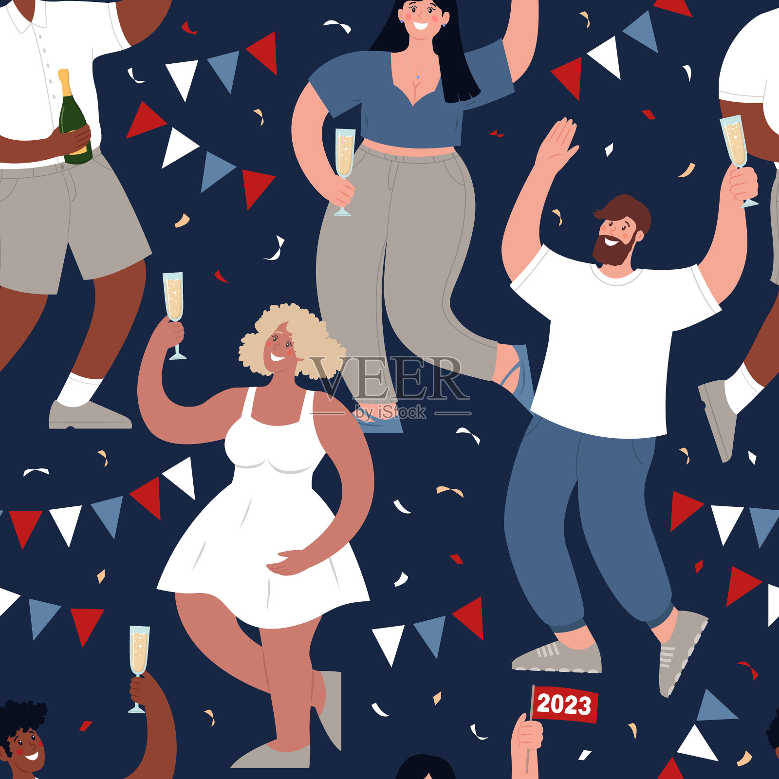 新年快乐矢量无缝图案。不同的人喝香槟跳舞。现代平面插图。插画图片素材