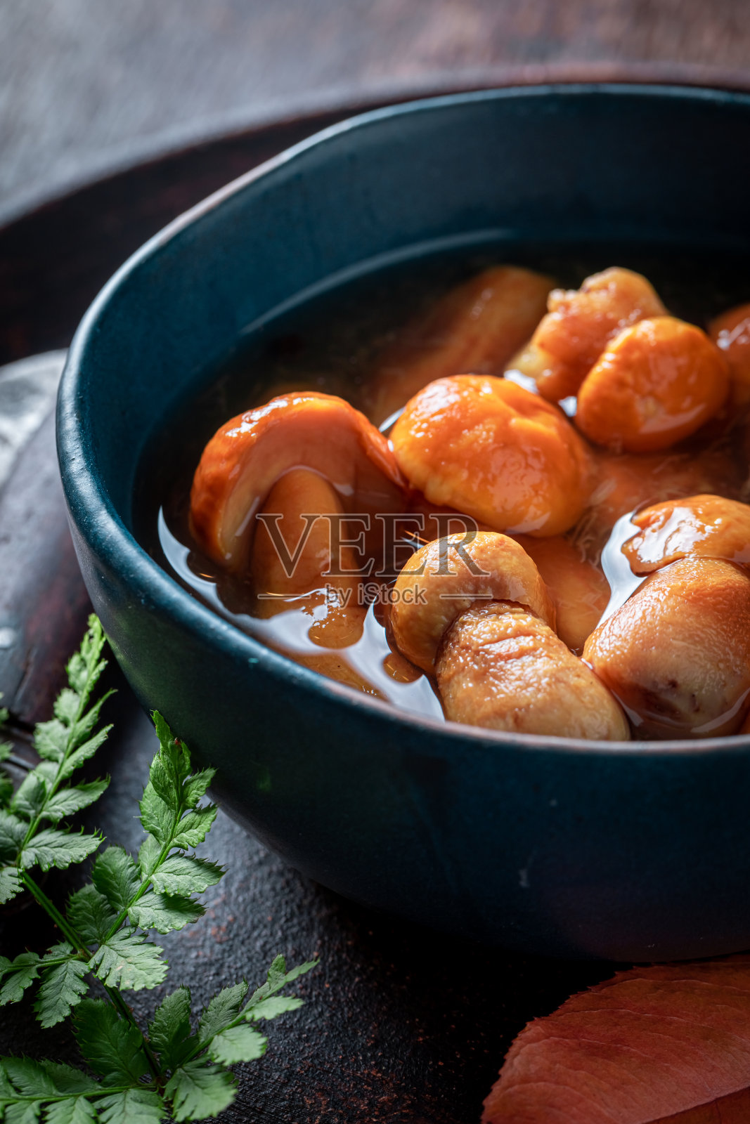美味的酸醋腌牛肝菌。照片摄影图片