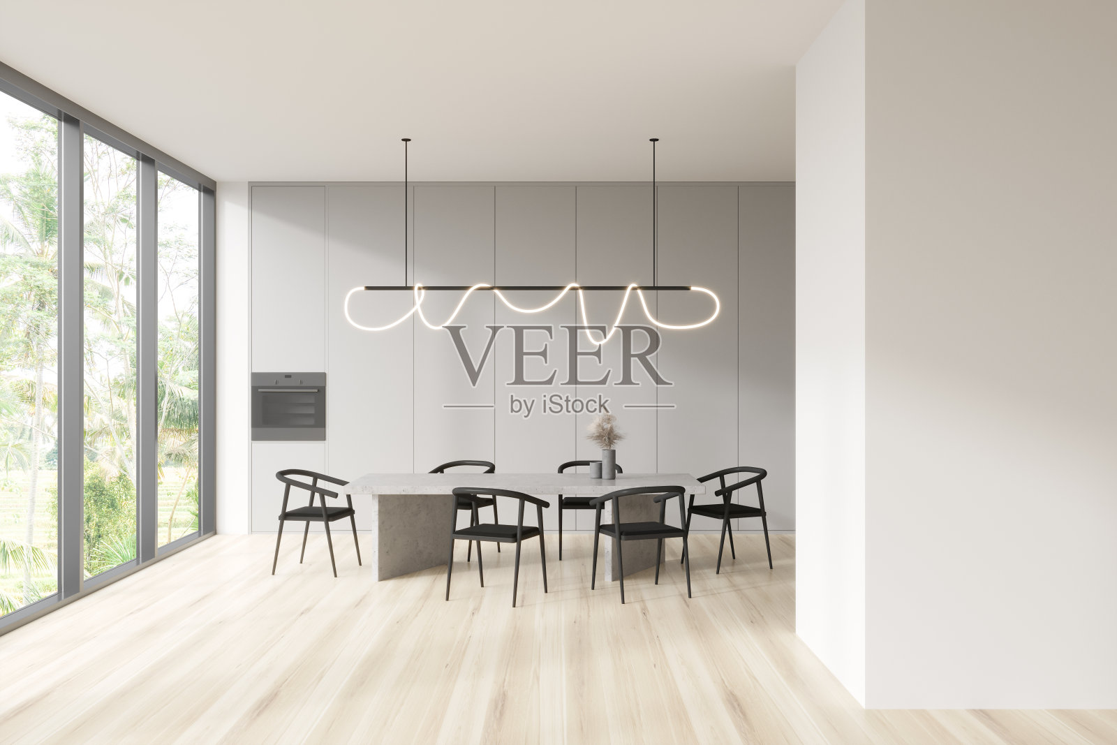 前视图明亮的餐厅内部与餐桌照片摄影图片