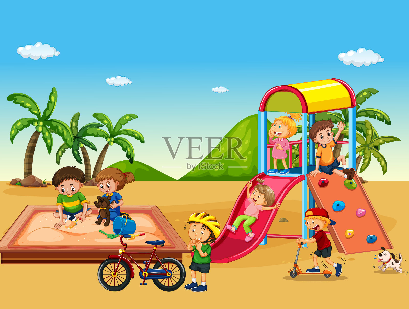 海滩游乐场和快乐的孩子们插画图片素材