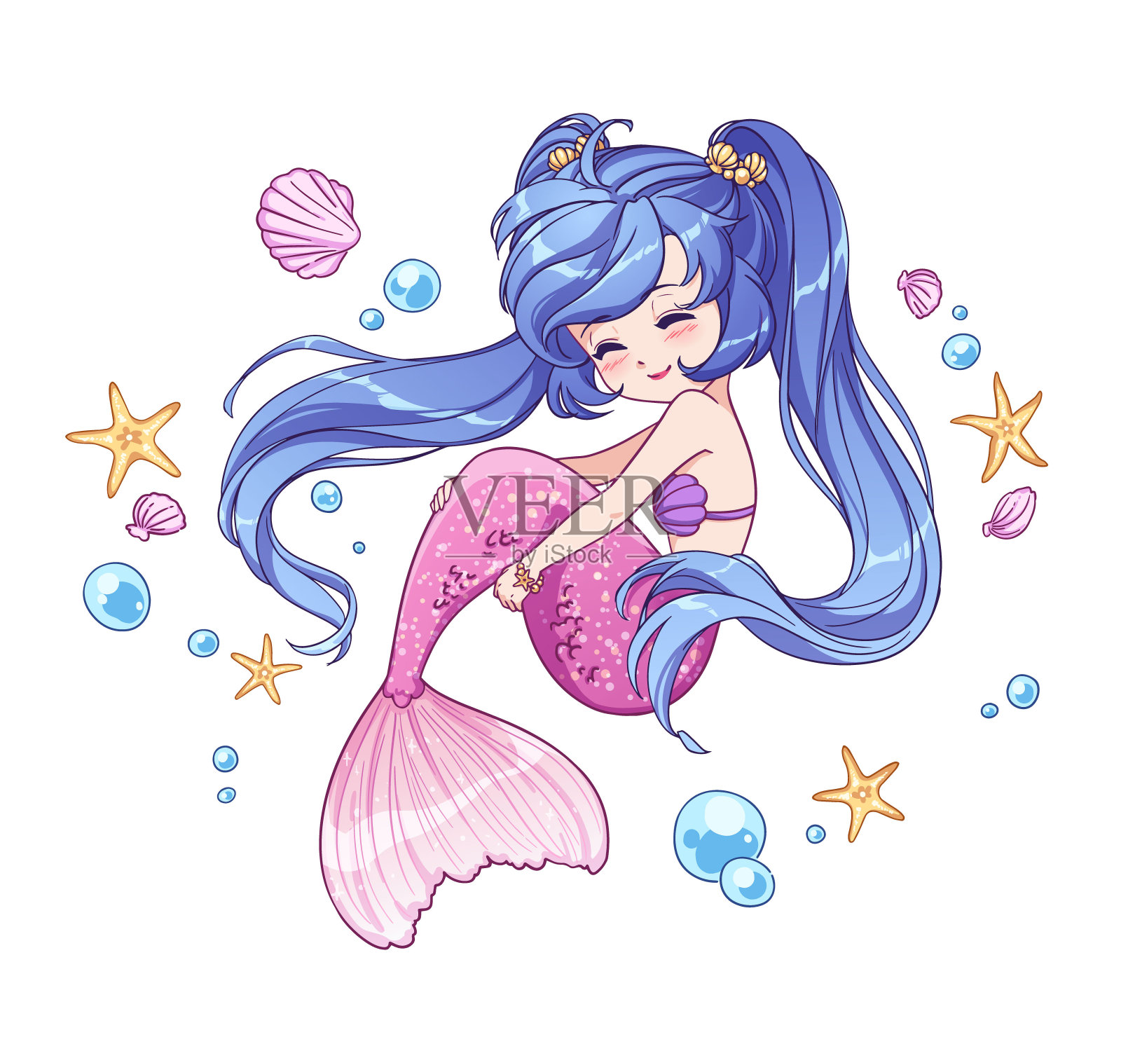 可爱的小卡通美人鱼有长长的蓝色头发和粉红色鱼尾。手绘矢量插图涂色书，贴纸，衬衫，卡片。插画图片素材