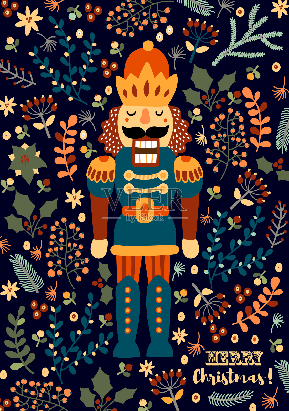 胡桃夹子和冬季花。插画图片素材