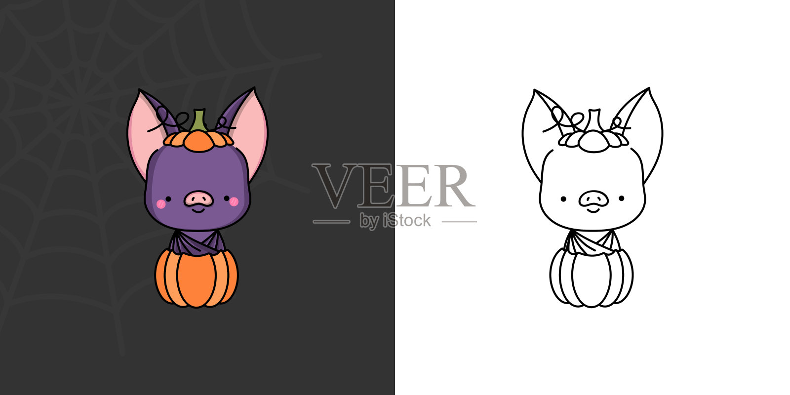 万圣节蝙蝠剪纸彩色和黑白。美丽的剪贴画万圣节飞鼠。可爱的矢量插图卡哇伊万圣节动物在南瓜。插画图片素材