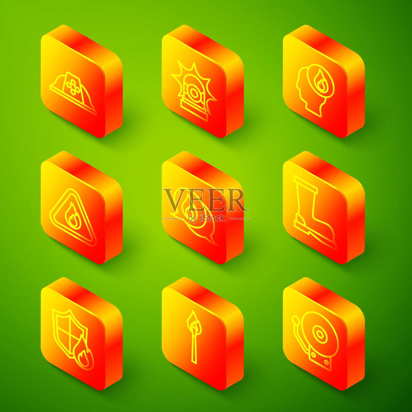 设置线消防头盔闪光警报器火焰图标素材