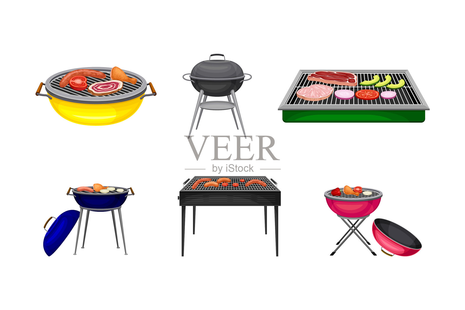 一套不同类型的炭水壶烧烤插画图片素材