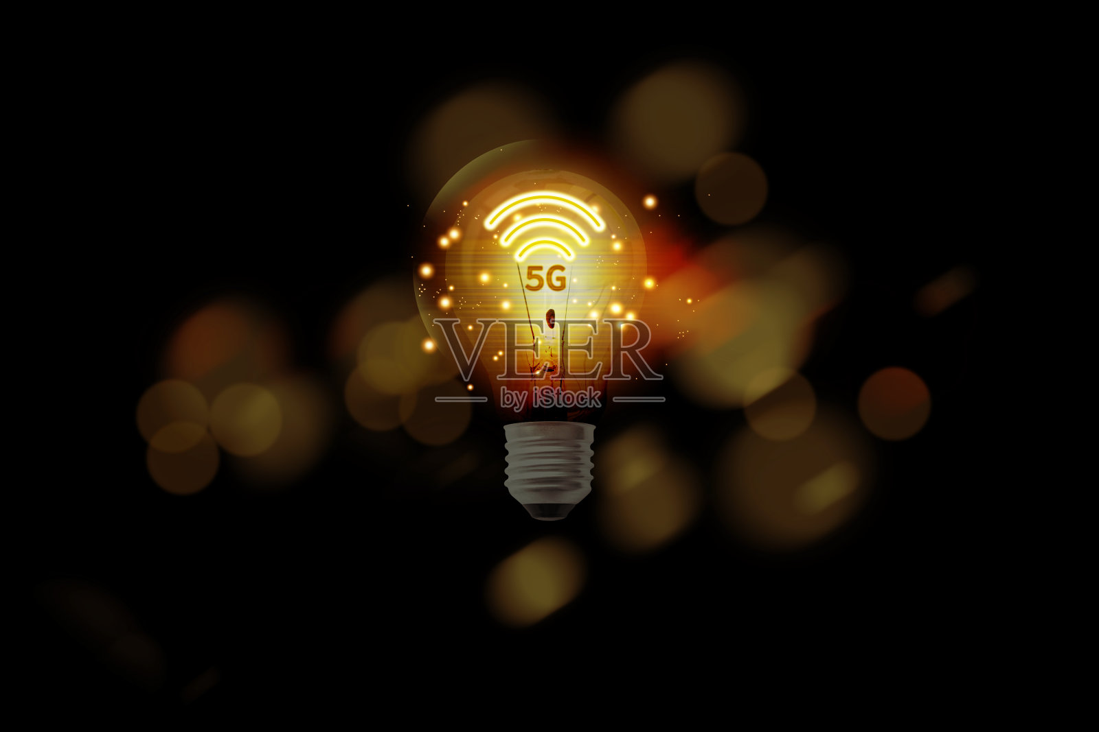 灯泡调暗，背景为散景。Icon无线局域网上的5G网络连接技术灯泡照片摄影图片