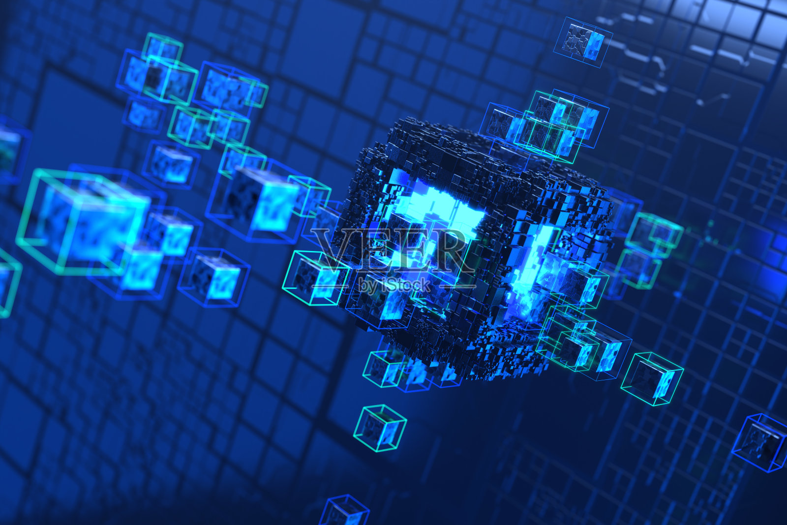 抽象的未来主义立方体形状的背景。区块链技术的概念。大数据。来自立方体的抽象背景。3 d渲染。照片摄影图片