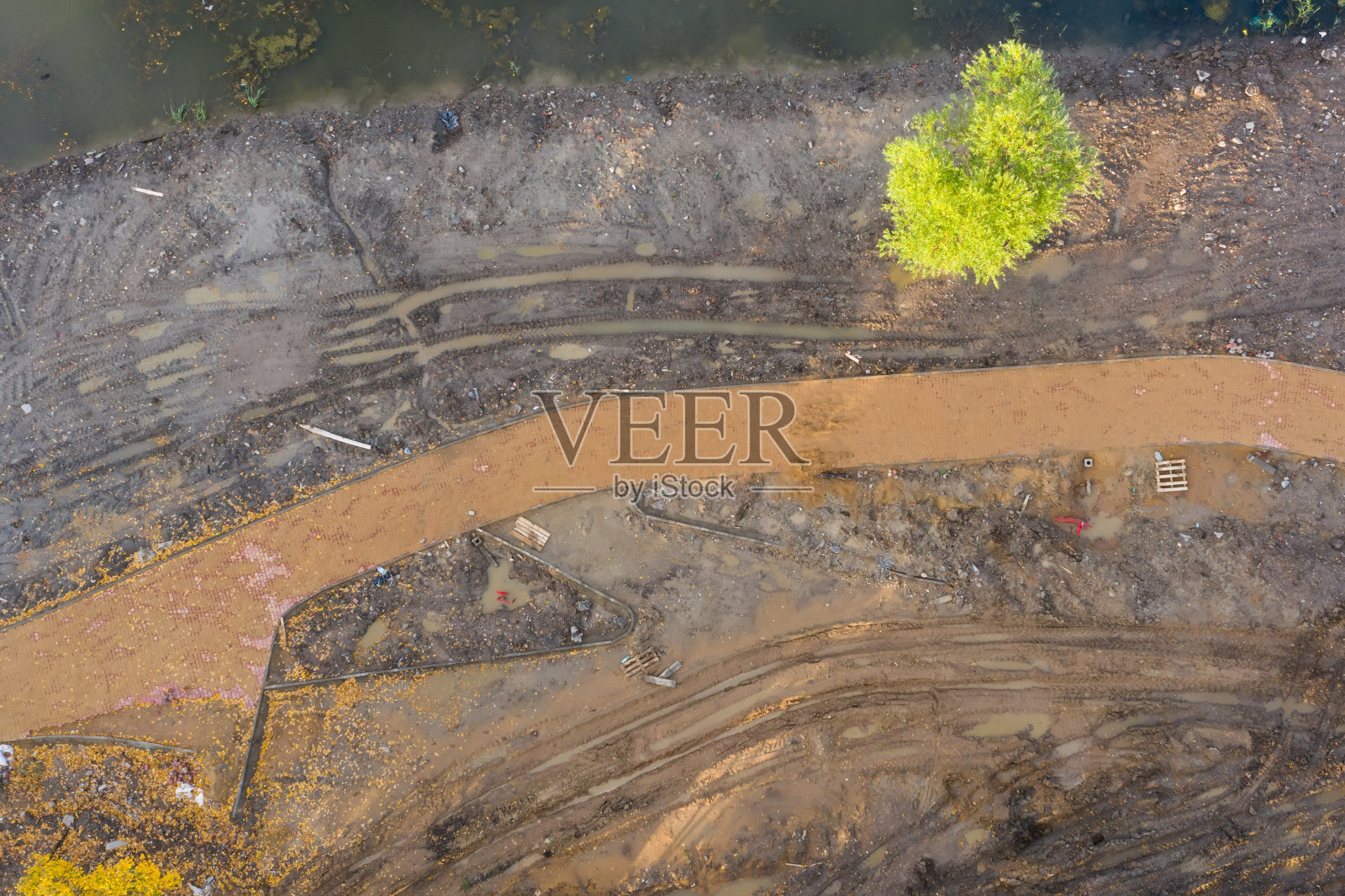 在公园内修建步道，在湖滨、池塘的地上铺设灯饰电线。从上往上看。照片摄影图片