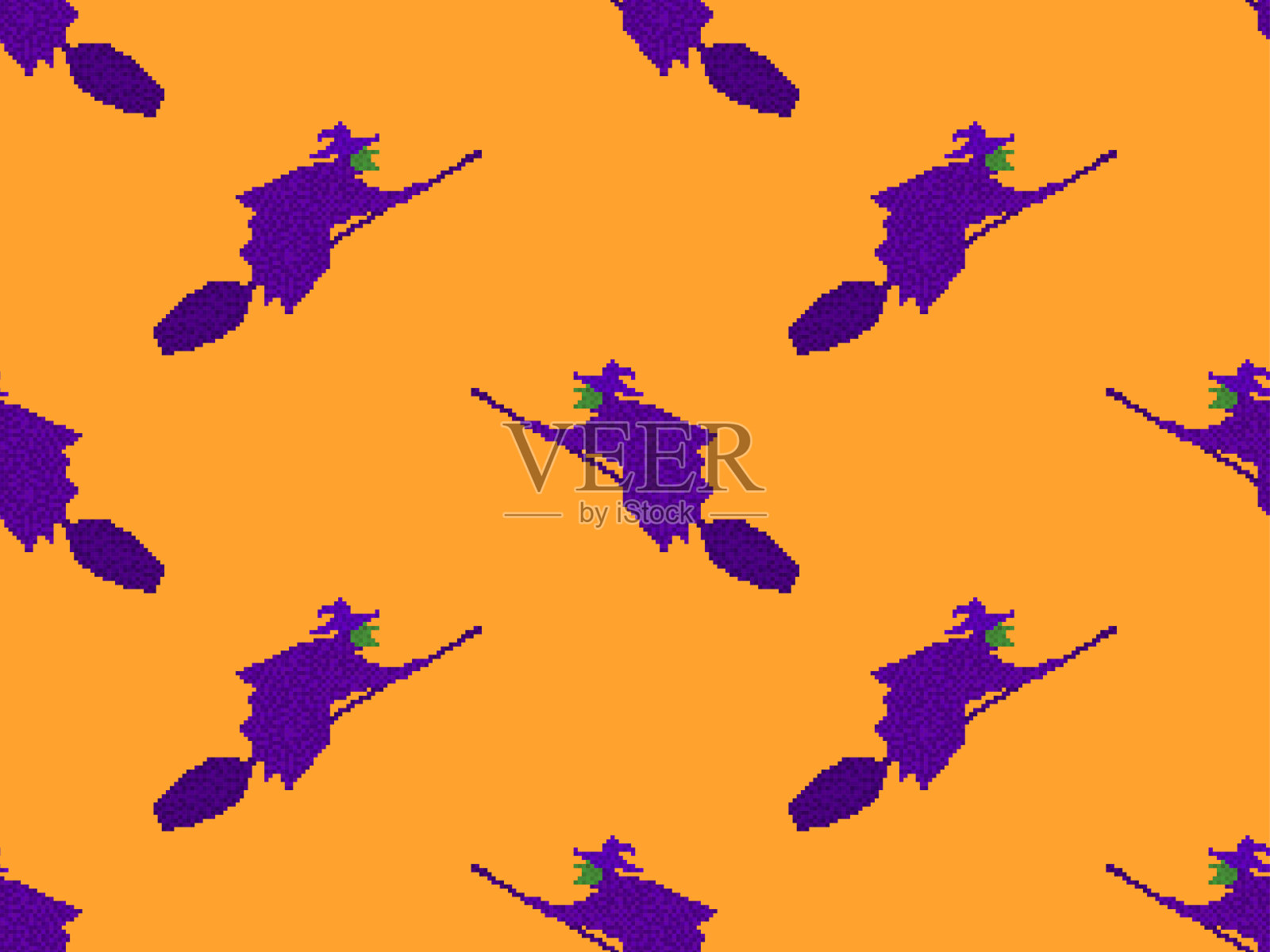 无缝的图案与女巫是飞在扫帚像素艺术风格。飞行的女巫在月亮的背景在8位90年代的2D视频游戏风格。矢量图插画图片素材