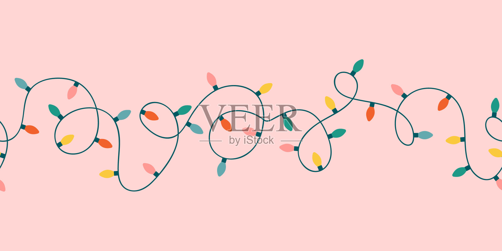 圣诞彩灯花环无缝边框。节日LED灯泡线魔术节日印花。插画图片素材