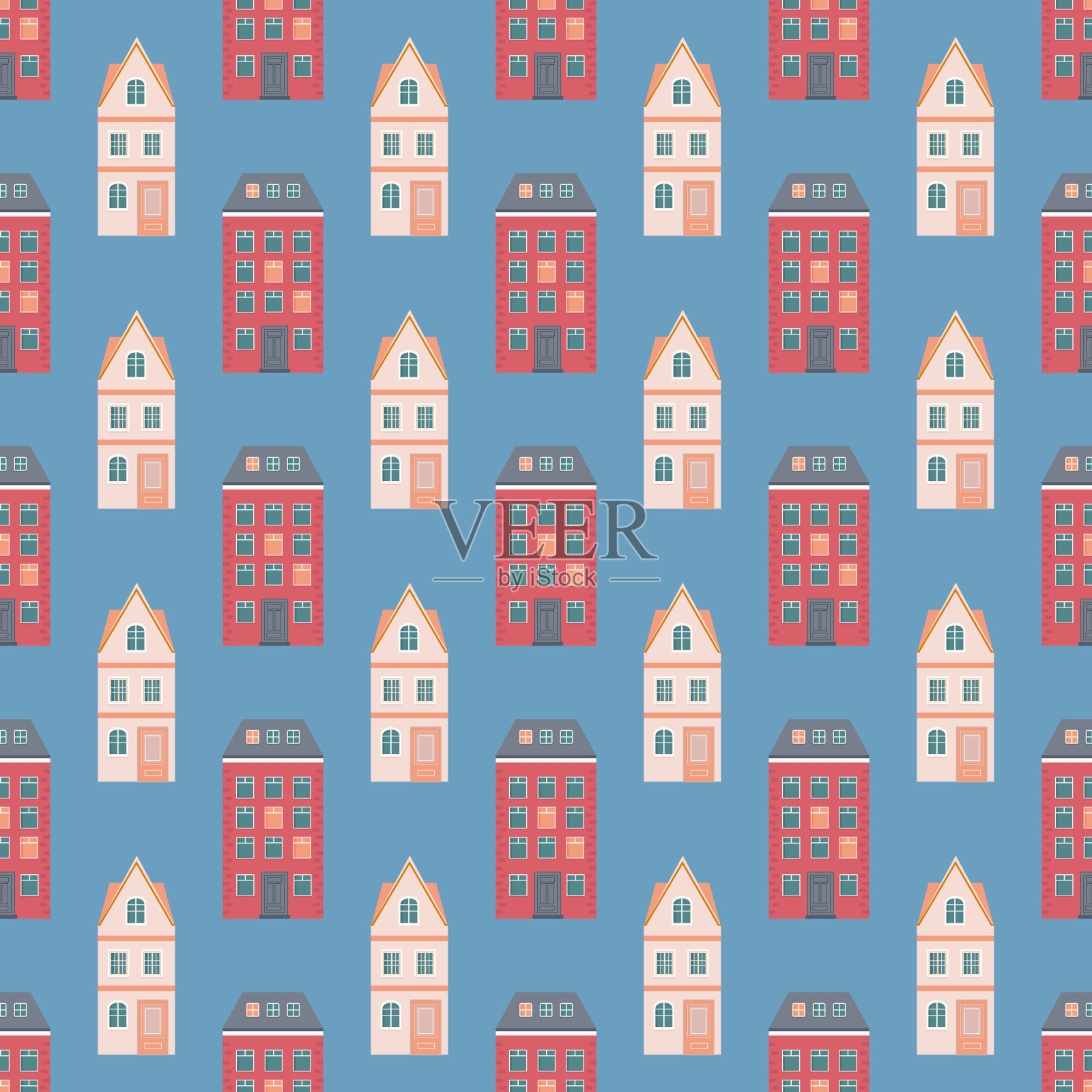 蓝色背景上红色和米色房屋的图案插画图片素材