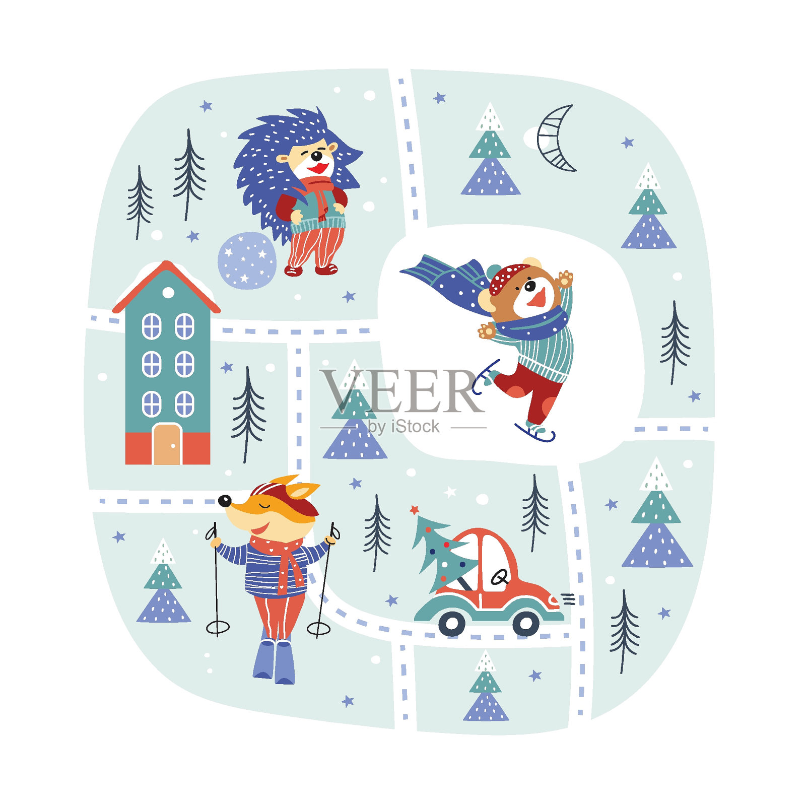 冬季运动。可爱的卡通刺猬，熊，狐狸。有趣的动物在滑冰和滑雪。设计元素图片