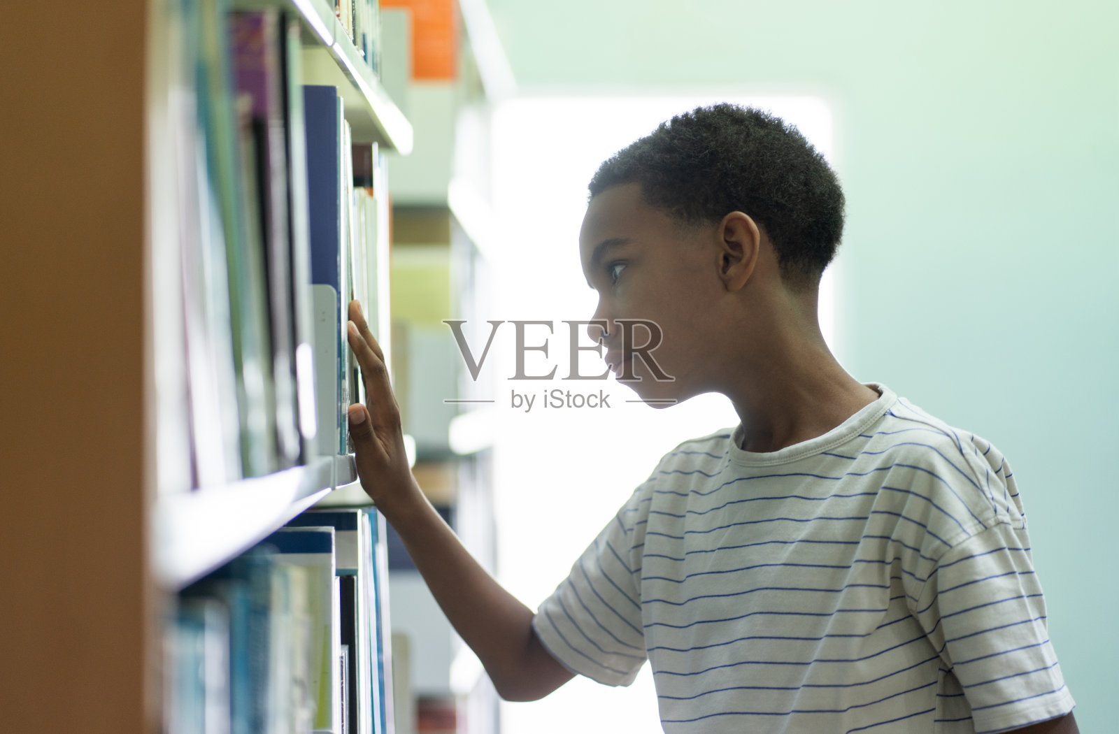 男孩正在图书馆找书照片摄影图片