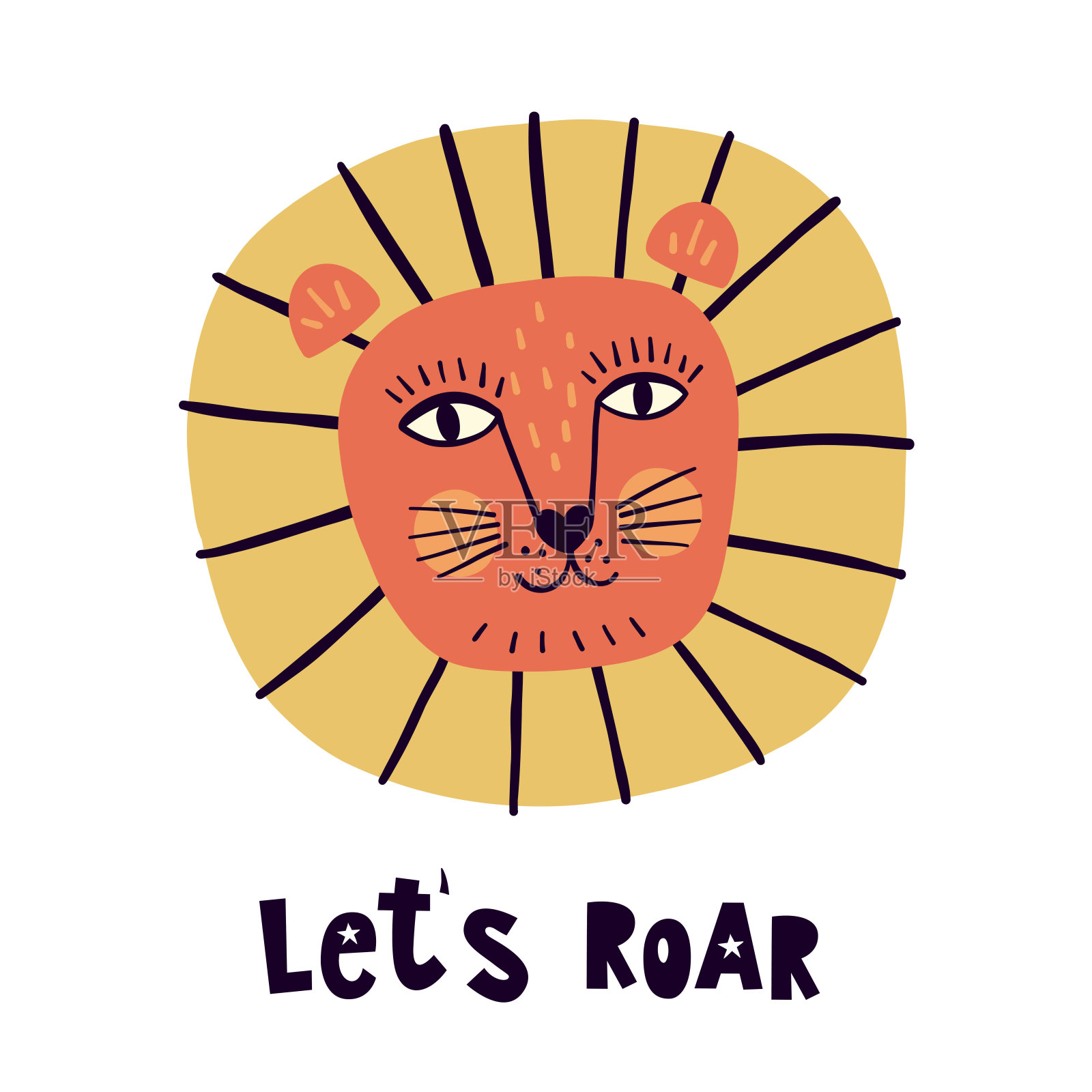 滑稽的狮子用手画字母让我们咆哮。儿童矢量动物插画。可爱的涂鸦的动物。白色背景上的孤立对象。适合做海报，t恤，明信片。插画图片素材