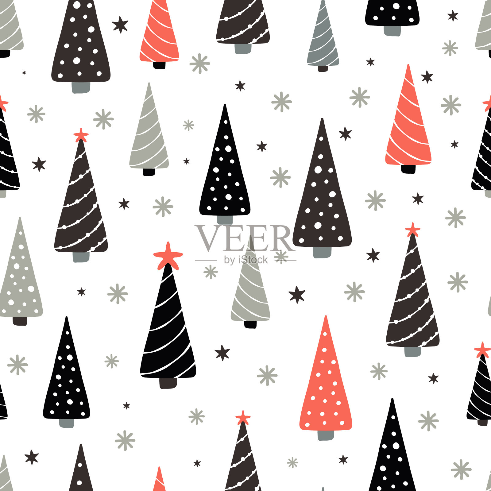 圣诞无缝模式与云杉树和雪花点在白色的背景。插画图片素材