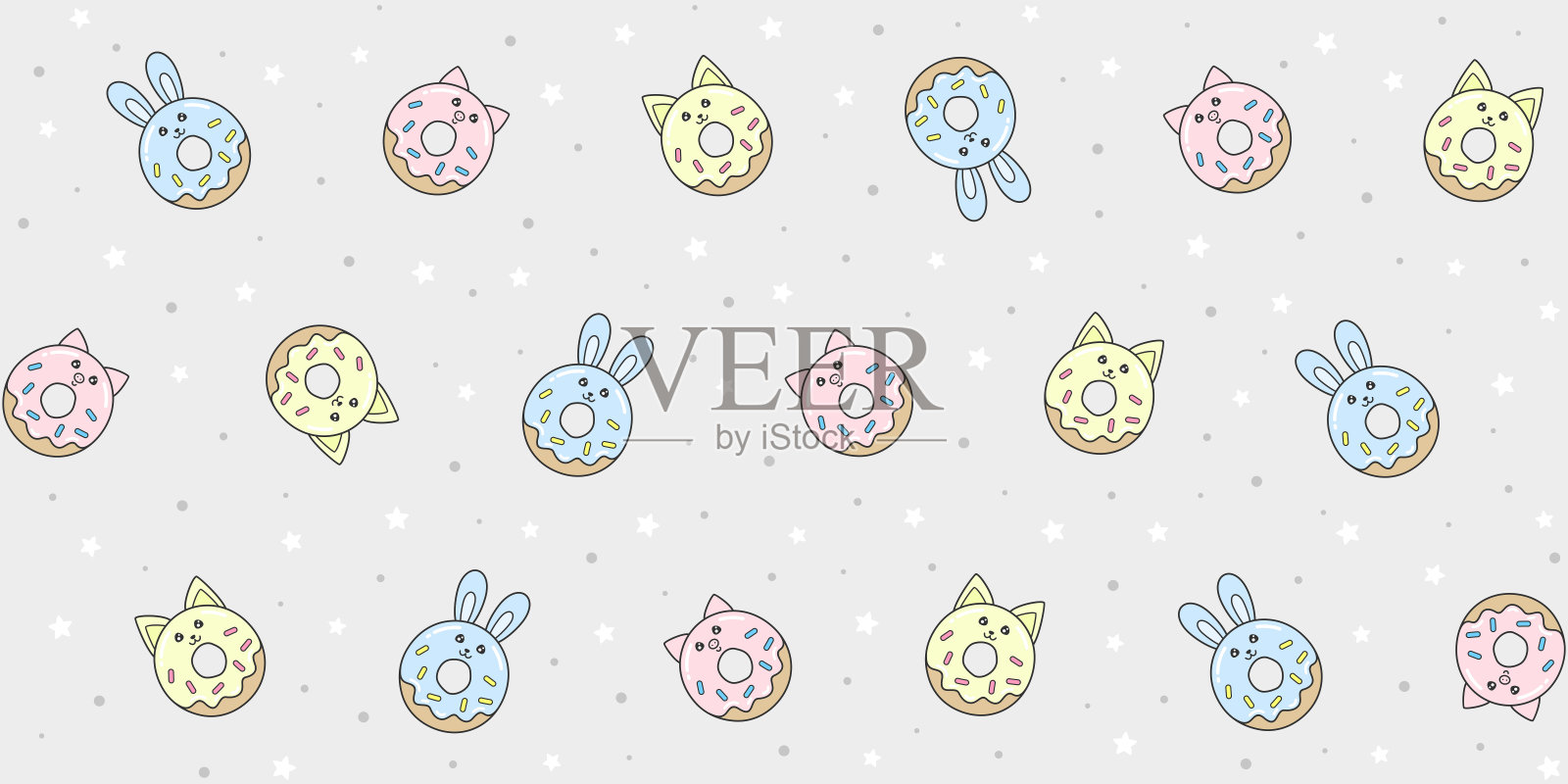 无缝模式与彩色甜甜圈人物的形式可爱的动物在灰色的背景与小星星和点插画图片素材