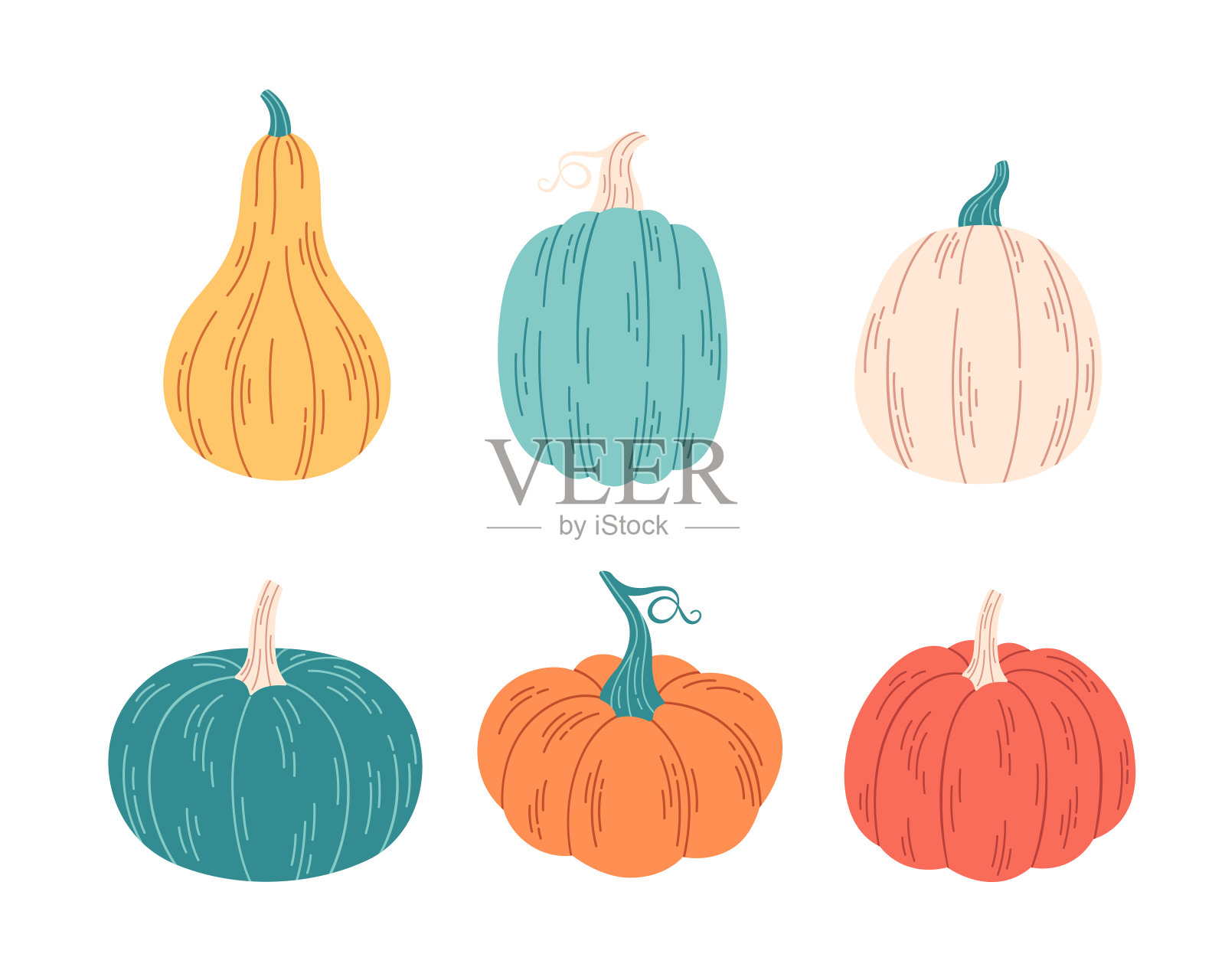 不同颜色和形状的南瓜。你好秋，秋收。手绘矢量图插画图片素材