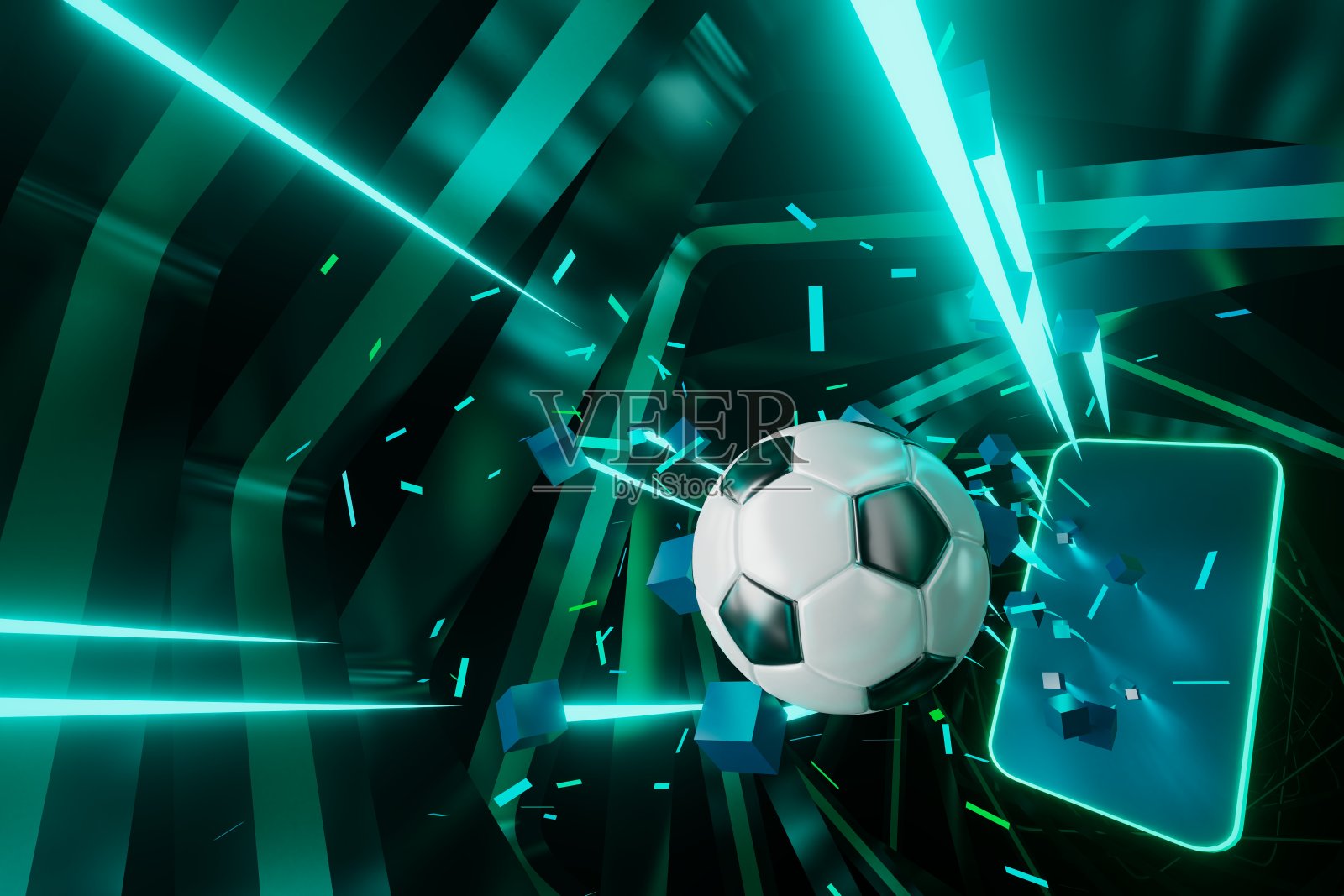 足球实物、运动球设计、足球元素概念、3d插画、抽象足球技术、3d逼真渲染、绿色草地、在线体育直播、赌场体育业务插画图片素材