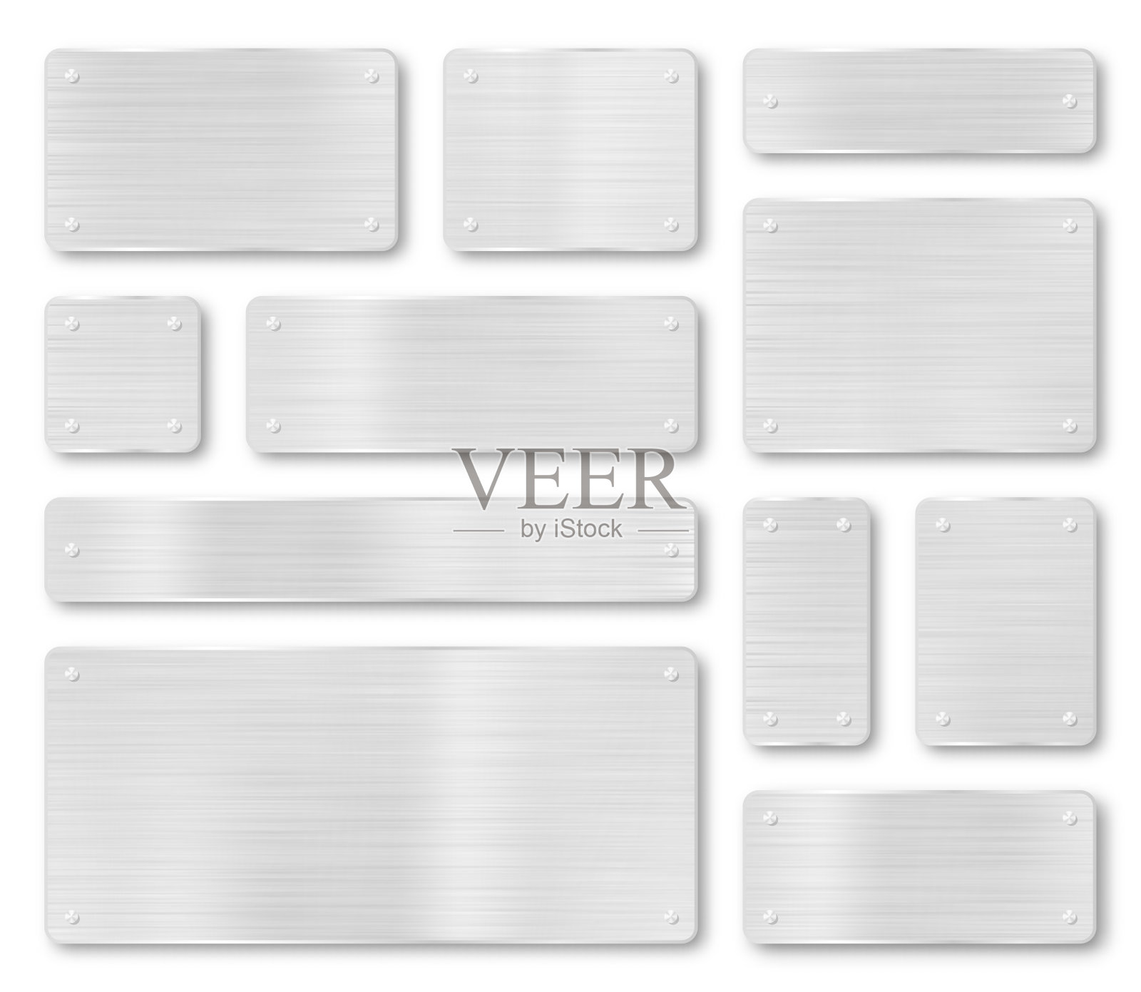 一套金属牌匾，横幅和标签。金属板和匾具有逼真的钢纹理和划痕。金属背景与银色不锈钢质感插画图片素材