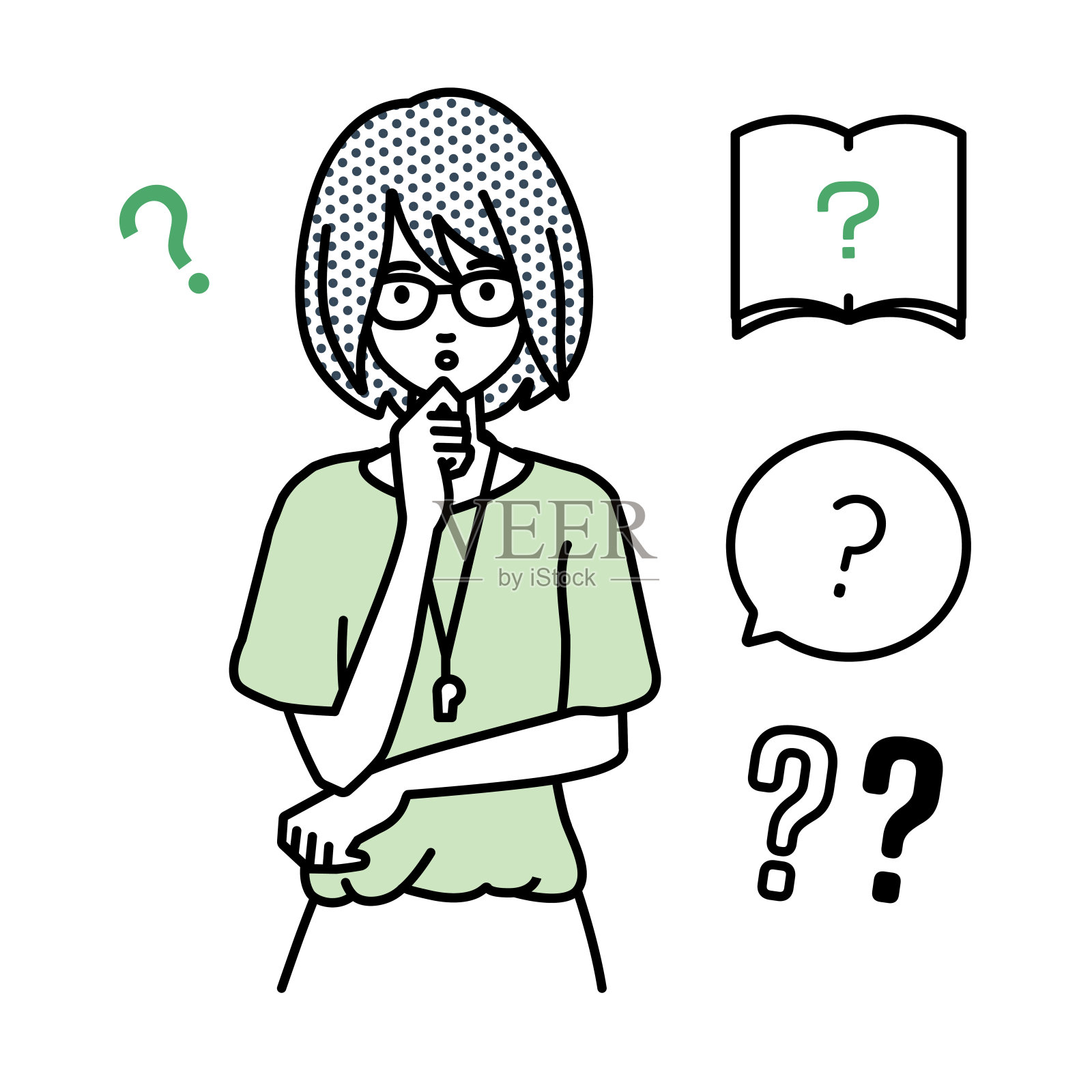 一名女教师拿着考卷站在那里，手指放在下巴上的问号上插画图片素材