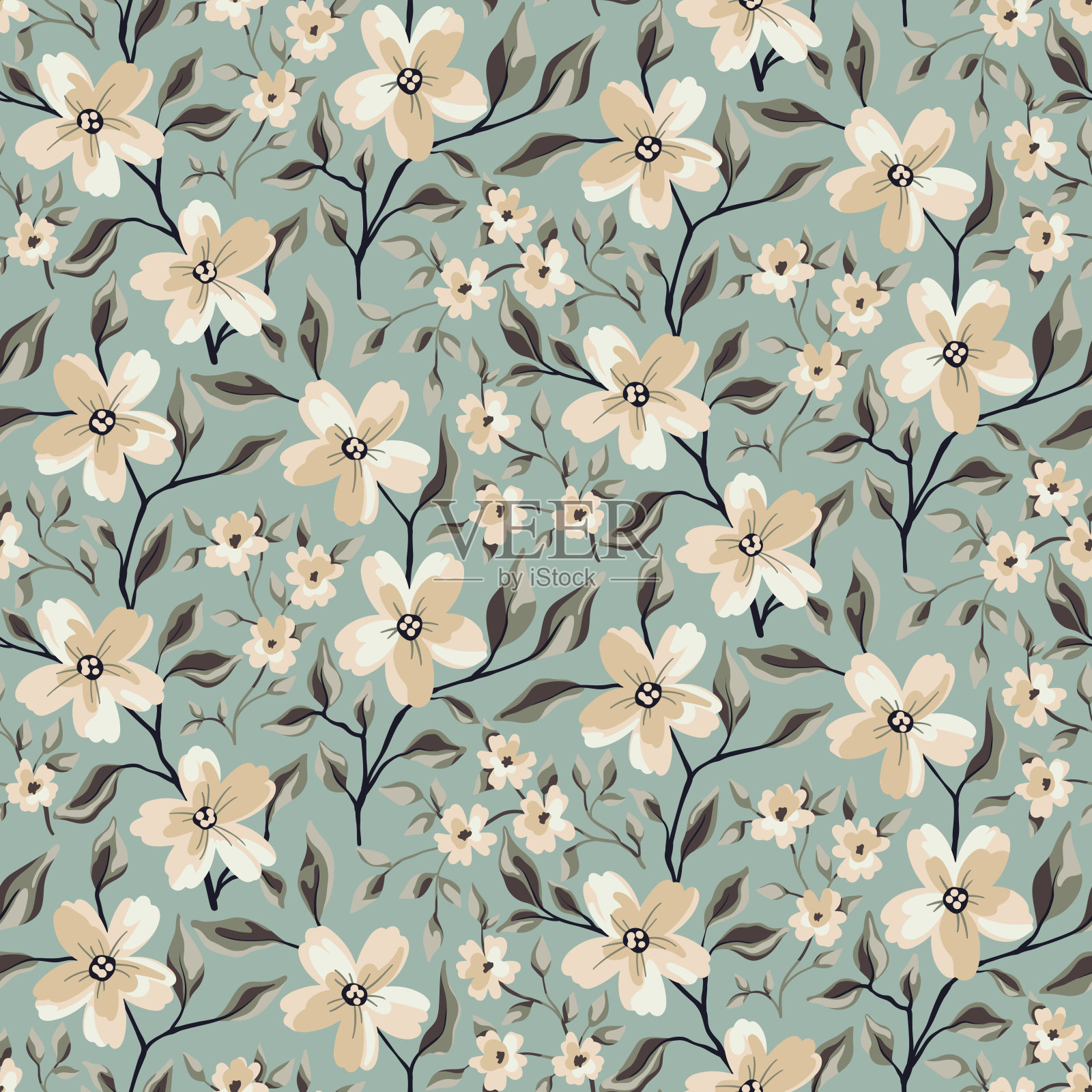 无缝模式，复古花卉图案与小花朵，树枝在蓝色背景。向量。插画图片素材