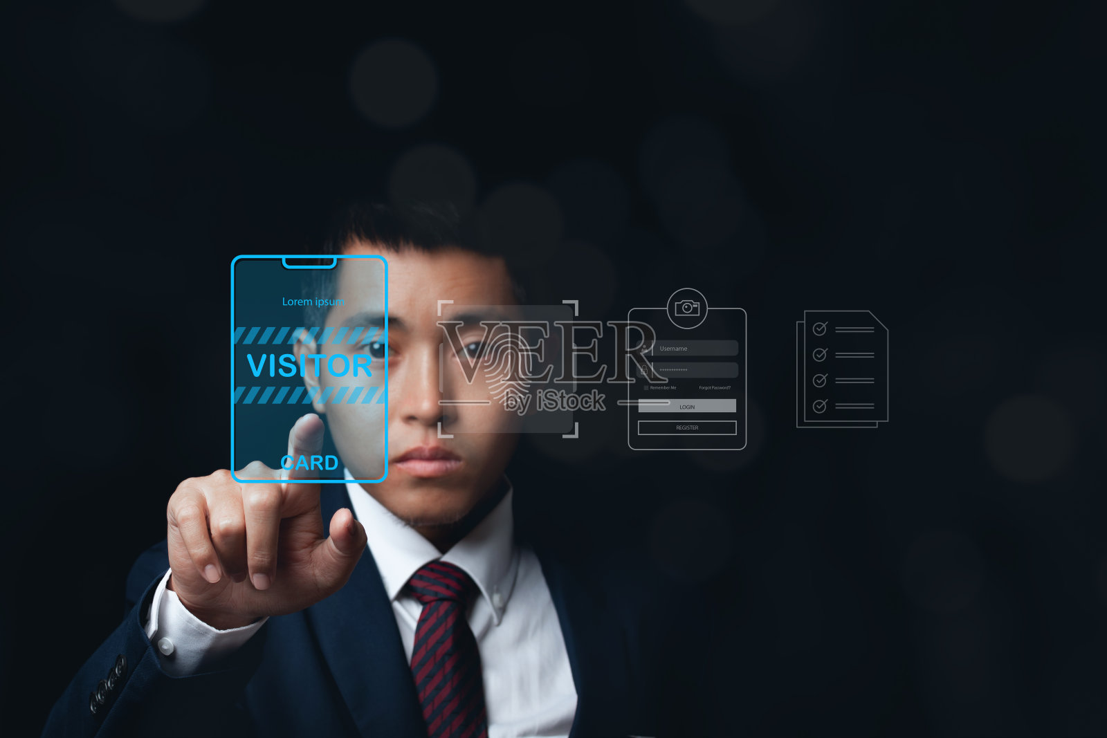 商家触摸虚拟屏幕，进行访客生物识别和审批。照片摄影图片