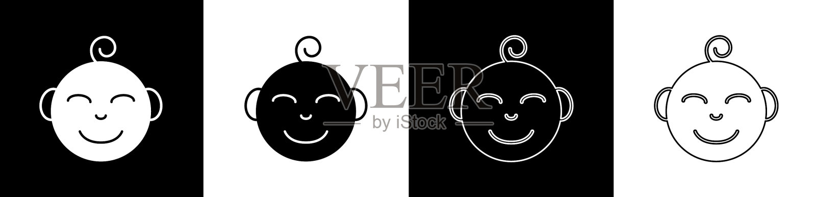 设置快乐的小男孩头部图标孤立在黑色上插画图片素材