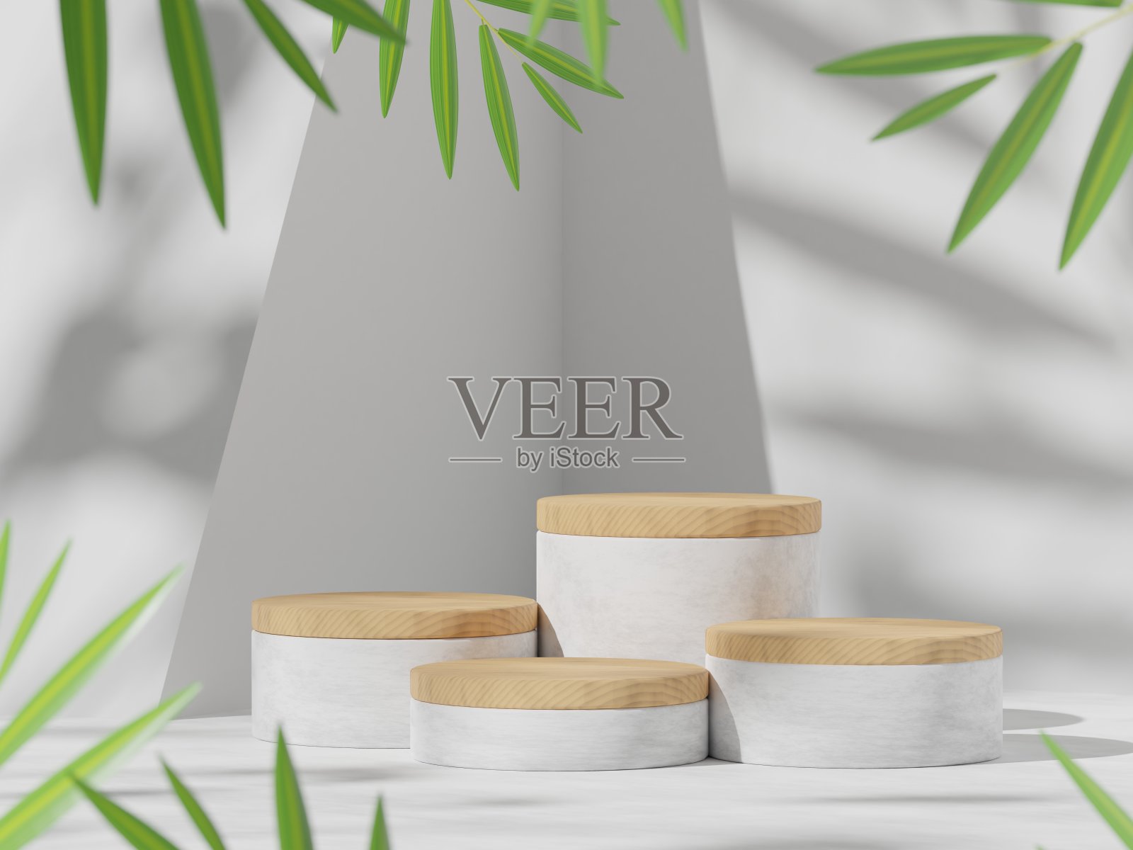 优质的平台上柔和的背景为产品展示，抽象的几何组成与树枝和阴影在墙上，3D渲染。为展览做模特。推广。照片摄影图片