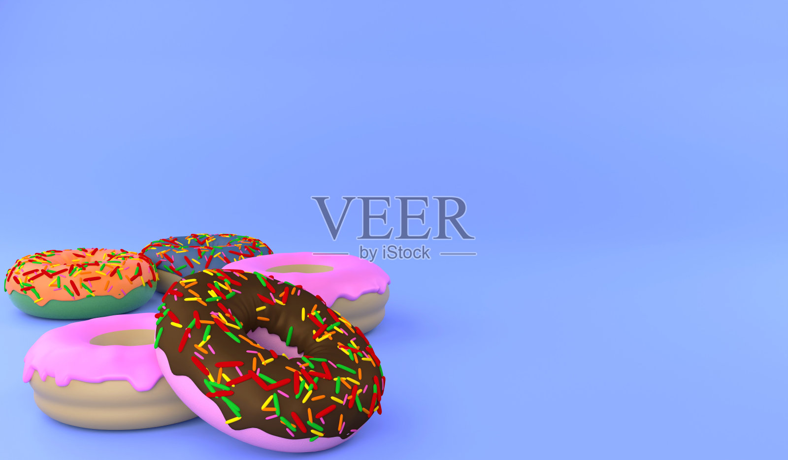 3D渲染甜甜圈和顶部的甜甜圈在蓝色背景。3D插画快餐概念和复制空间插画图片素材