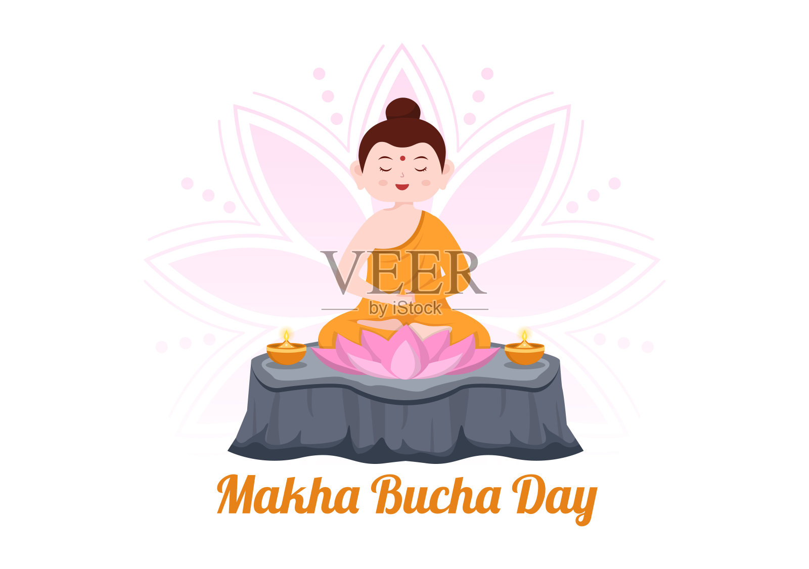 快乐的Makha Bucha日模板手绘卡通平面插图佛坐在莲花下菩提树下的夜晚，周围的和尚插画图片素材