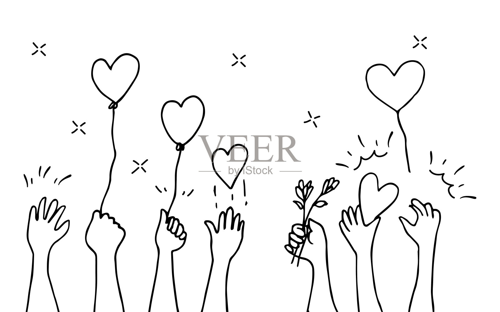 手绘的手鼓掌鼓掌。掌声，派对手的手势上涂鸦风格插画图片素材